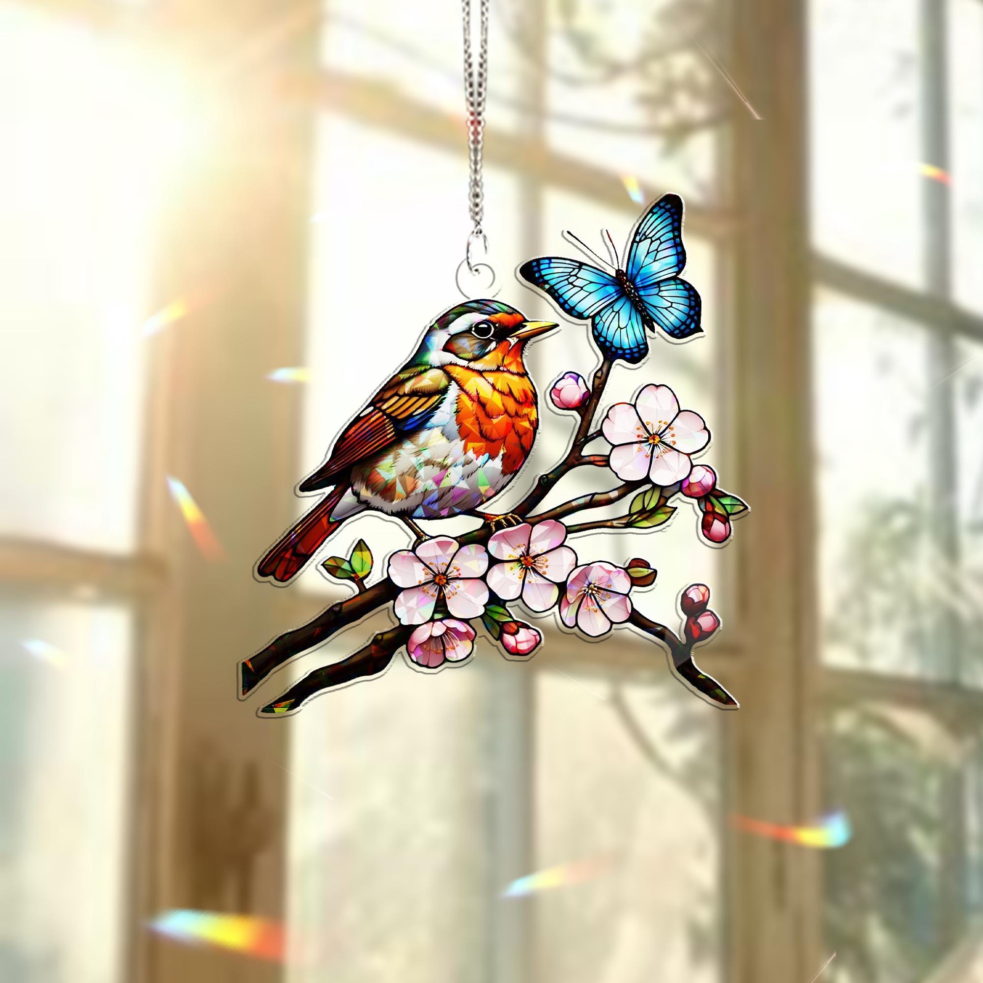 Robin with Cherry Blossom Hologram Window Hanging – Bird & Floral Acrylic Decor – Mother’s Day Gift – Flower Lover Wall Art