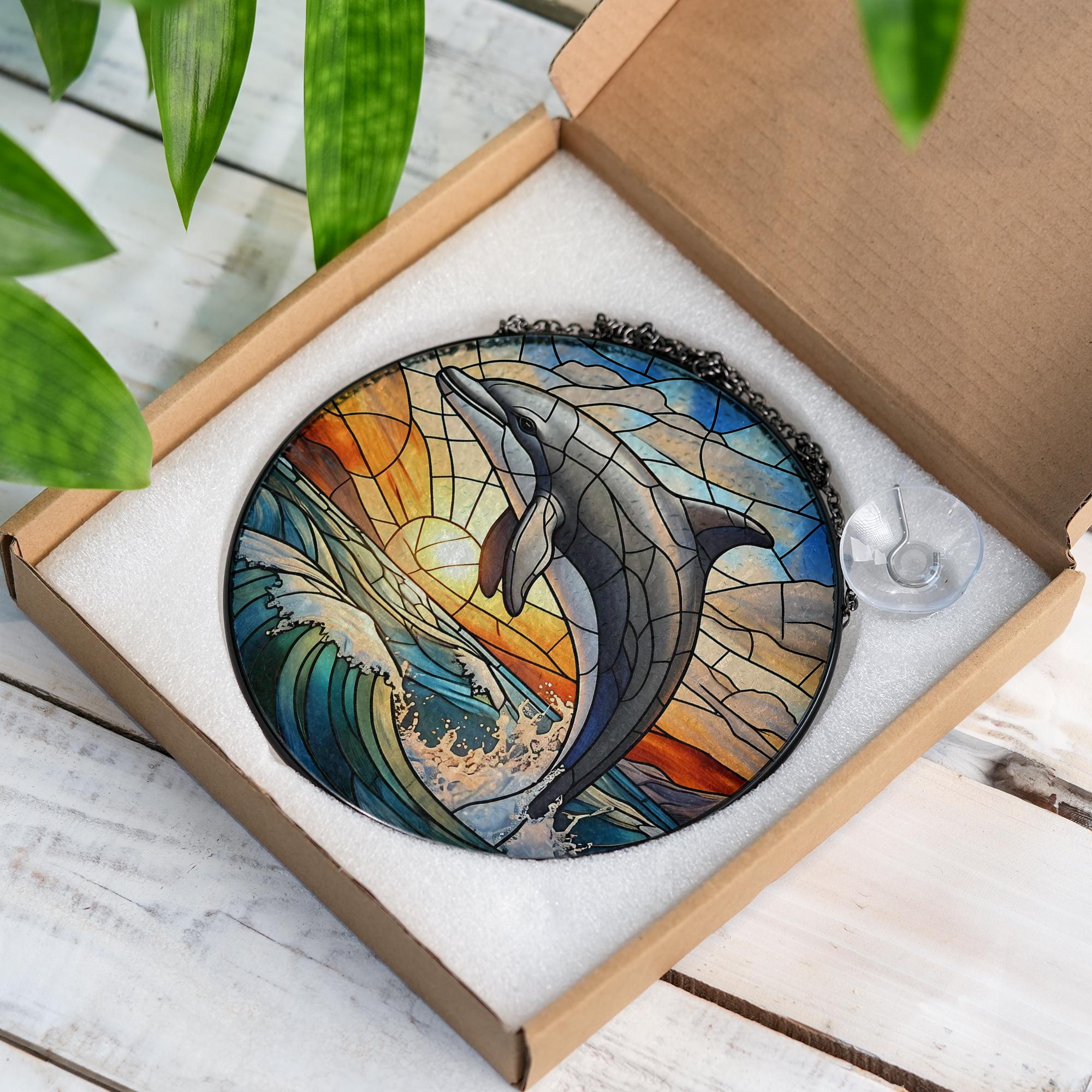 Dolphin Glass Suncatcher – Ocean Jumping Dolphin Glass Style Window Decor, Nautical Coastal Gift for Beach and Sea Lovers, Home Gift