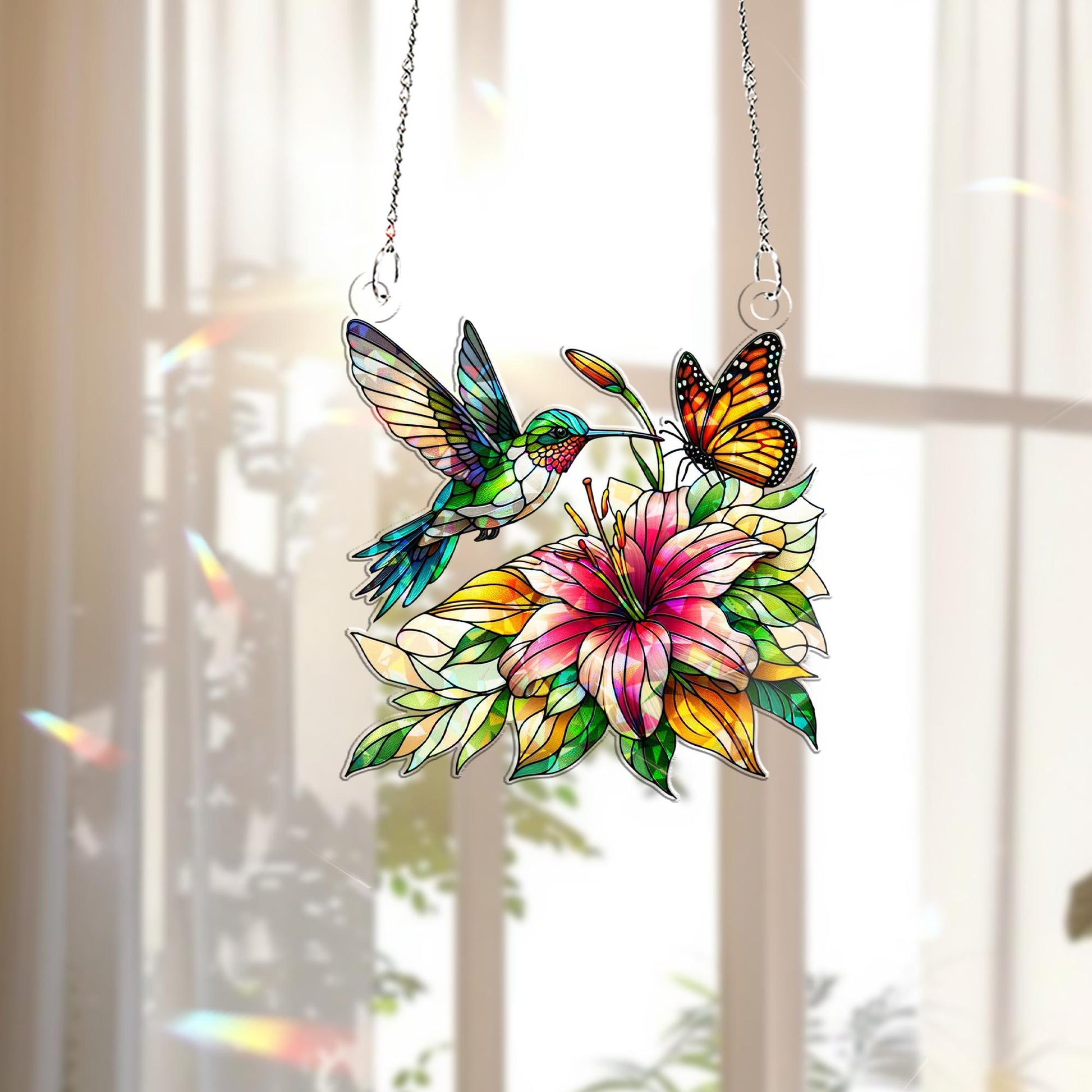 Hummingbird with Lily flower Hologram Window Hanging – Floral Acrylic Decor – Mother’s Day Gift – Bird Lover Wall Art – Nature Home Decor