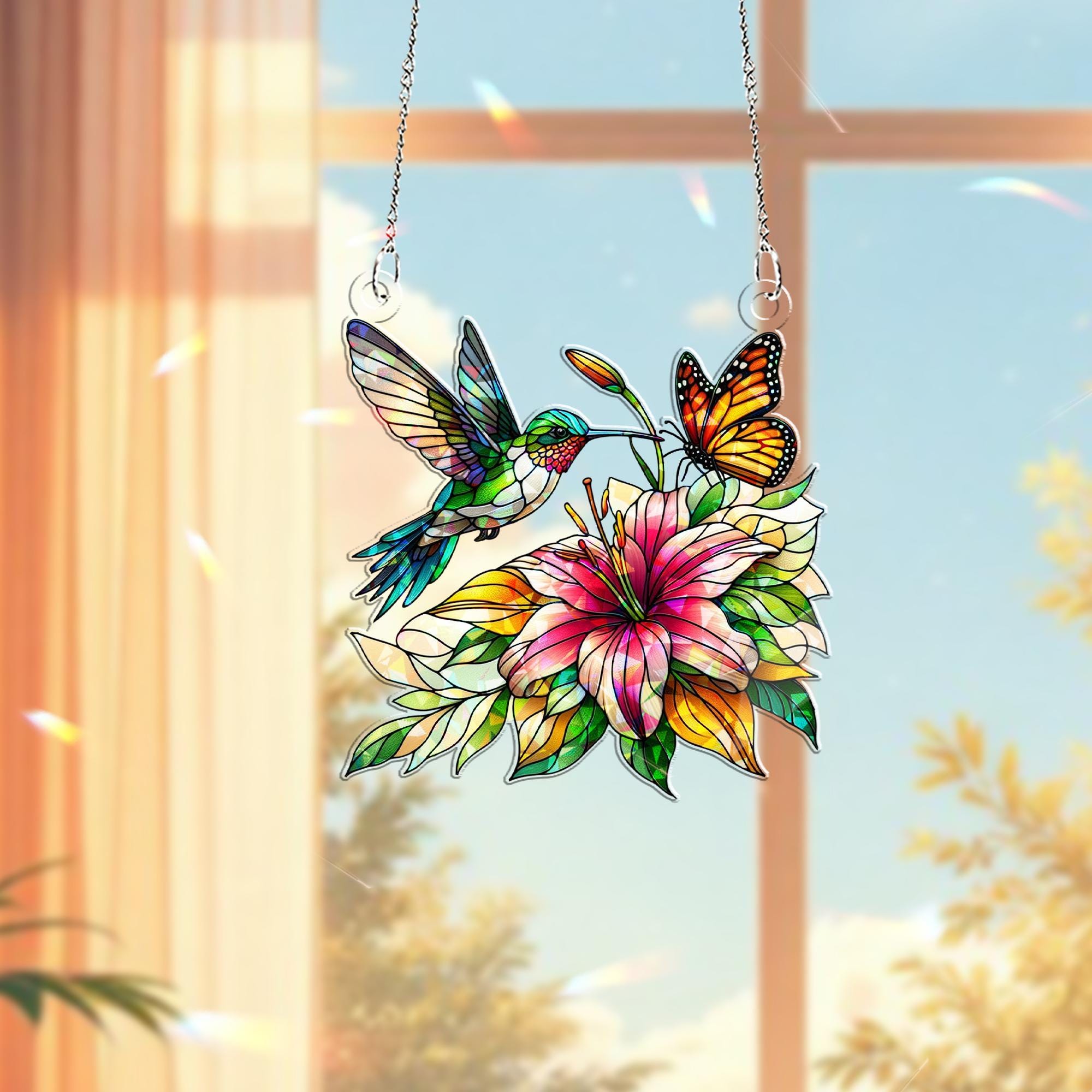 Hummingbird with Lily flower Hologram Window Hanging – Floral Acrylic Decor – Mother’s Day Gift – Bird Lover Wall Art – Nature Home Decor
