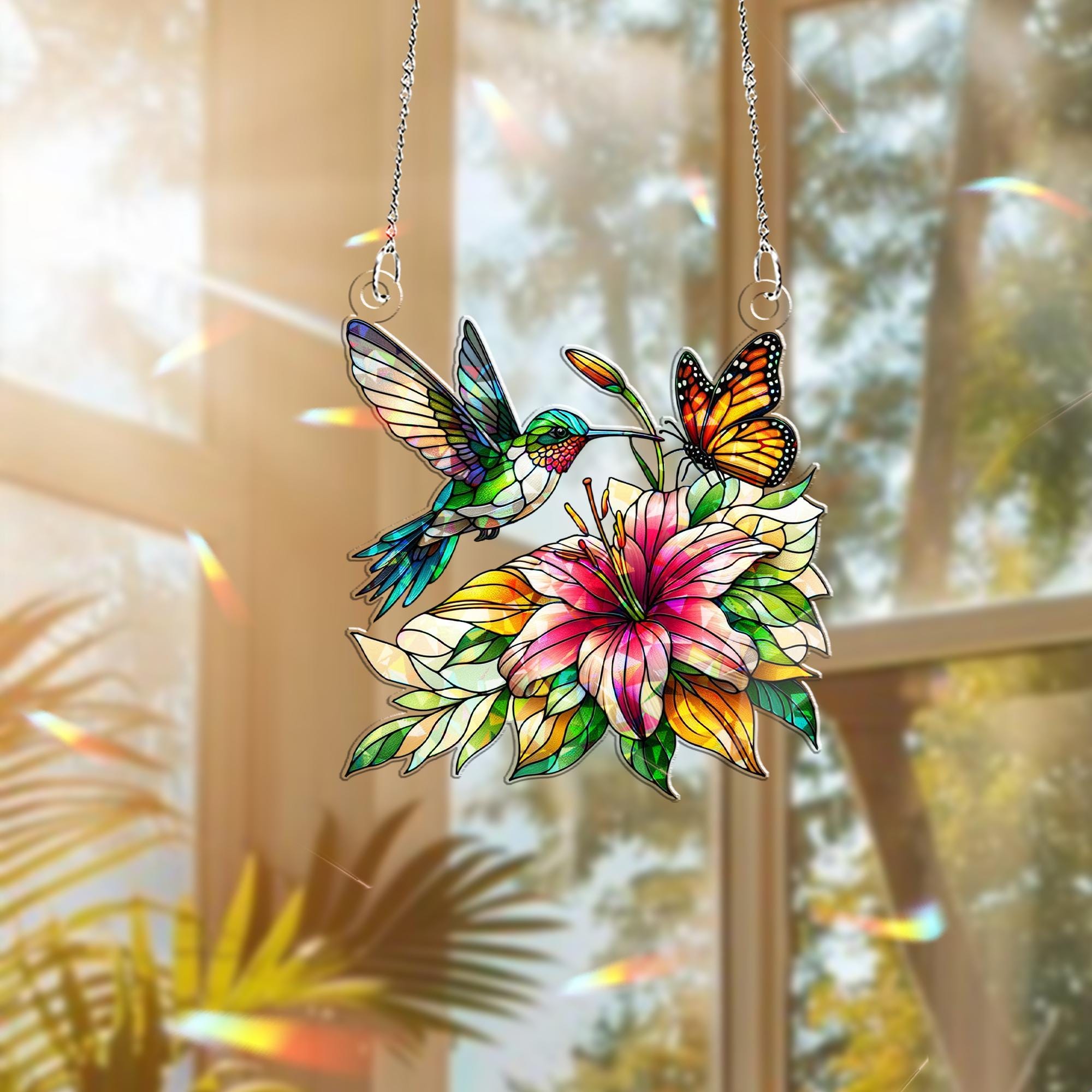 Hummingbird with Lily flower Hologram Window Hanging – Floral Acrylic Decor – Mother’s Day Gift – Bird Lover Wall Art – Nature Home Decor