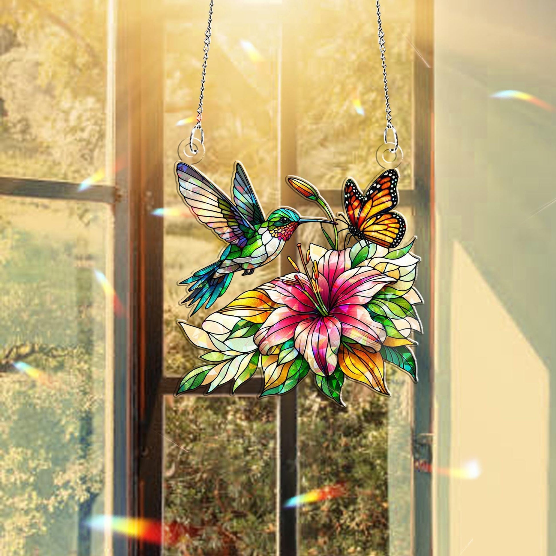 Hummingbird with Lily flower Hologram Window Hanging – Floral Acrylic Decor – Mother’s Day Gift – Bird Lover Wall Art – Nature Home Decor