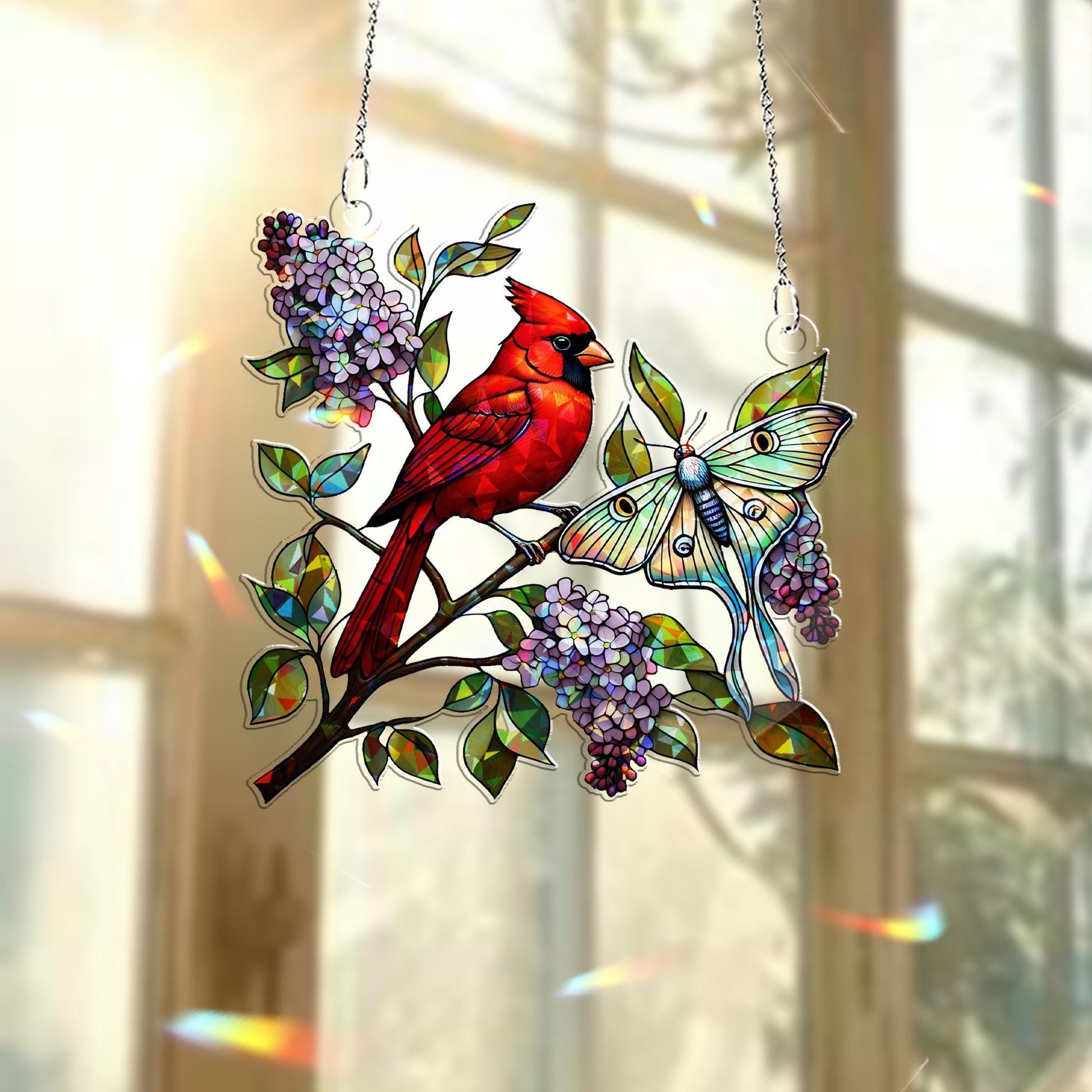 Cardinal with Lilacs and Luna Moth Hologram Window Hanging – Bird & Floral Acrylic Decor – Mother’s Day Gift – Flower Lover Wall Art