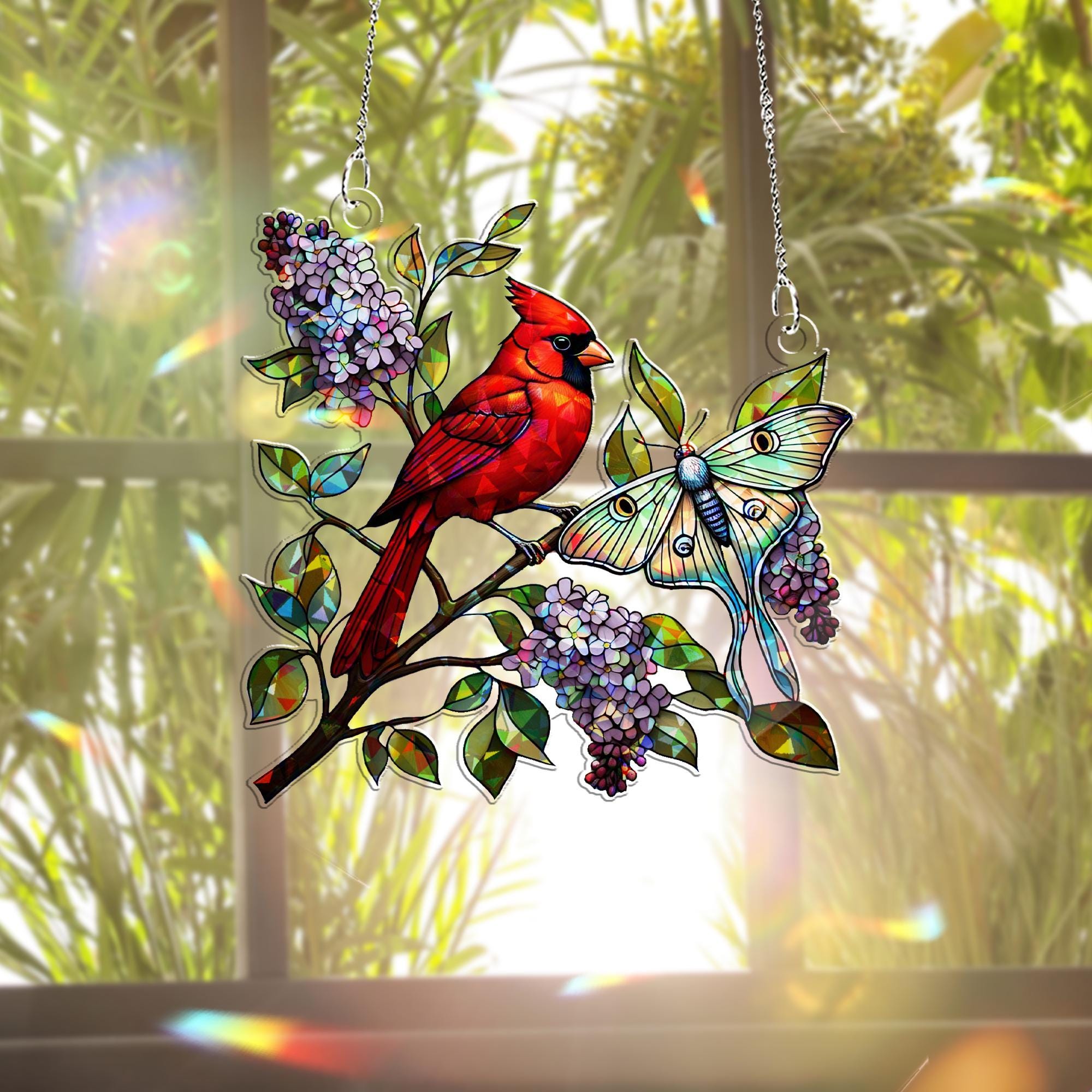 Cardinal with Lilacs and Luna Moth Hologram Window Hanging – Bird & Floral Acrylic Decor – Mother’s Day Gift – Flower Lover Wall Art