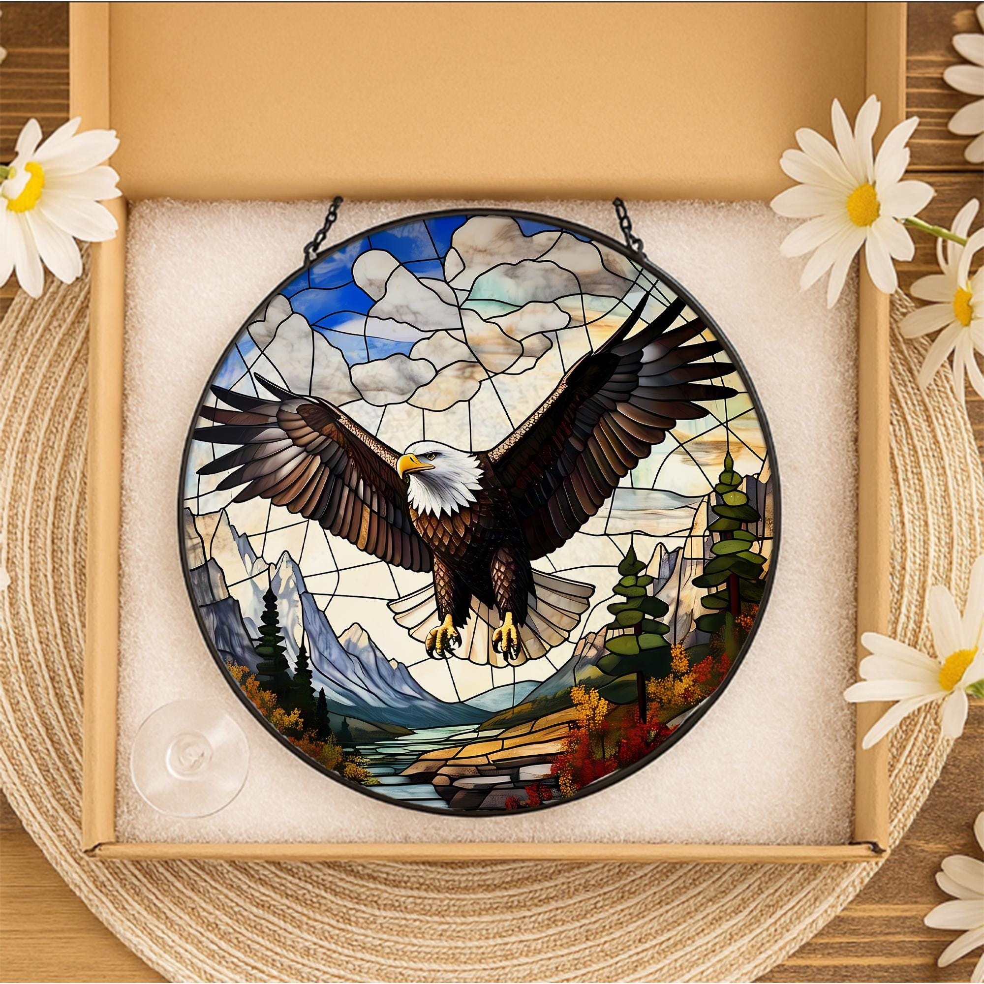 Bald Eagle Glass Suncatcher – Majestic Eagle Glass Style Window Hanging, Patriotic Wildlife Decor for Nature and Bird Lovers, Eagle Lover