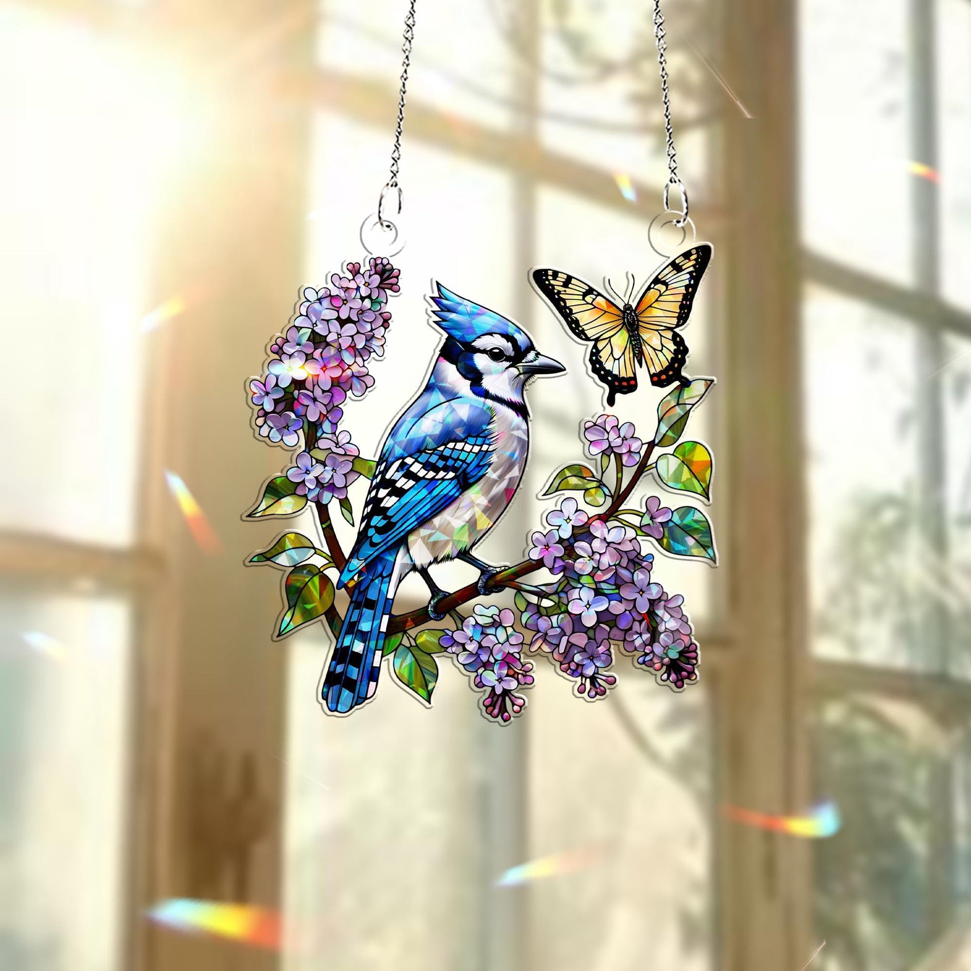 Jayblue bird with Lilacs & Butterfly Hologram Window Hanging – Floral Acrylic Decor – Mother’s Day Gift – Bird and Flower Lover Art