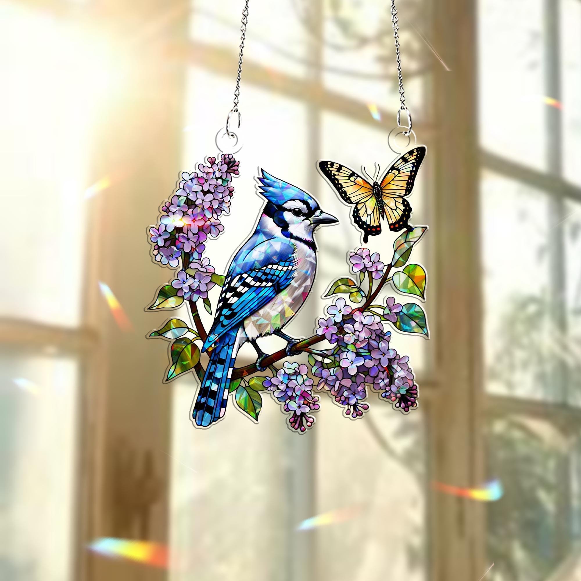 Jayblue bird with Lilacs & Butterfly Hologram Window Hanging – Floral Acrylic Decor – Mother’s Day Gift – Bird and Flower Lover Art