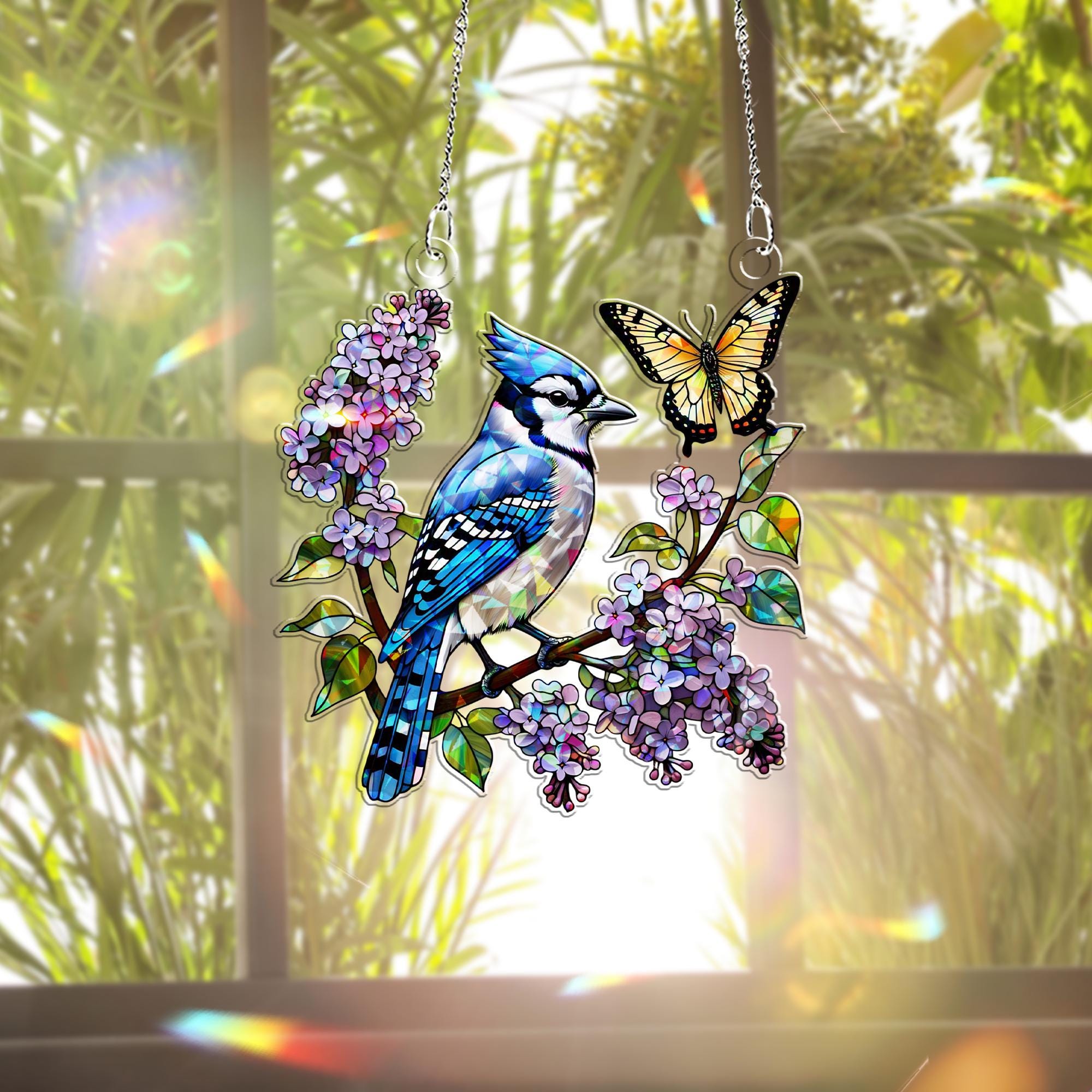 Jayblue bird with Lilacs & Butterfly Hologram Window Hanging – Floral Acrylic Decor – Mother’s Day Gift – Bird and Flower Lover Art
