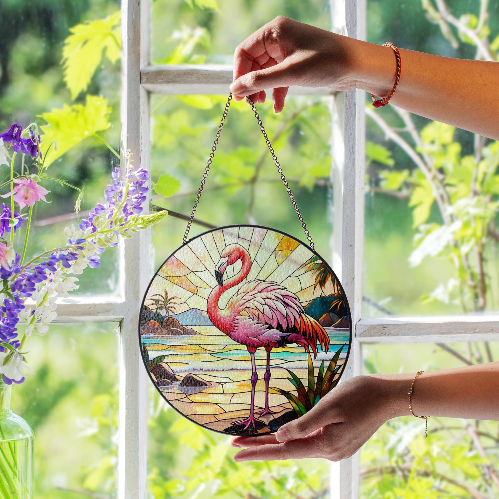 Pink Flamingo Glass Suncatcher – Tropical Glass Style Window Hanging, Beach Sunset Decor for Coastal and Bird Lovers, Flamingo Lover Gift
