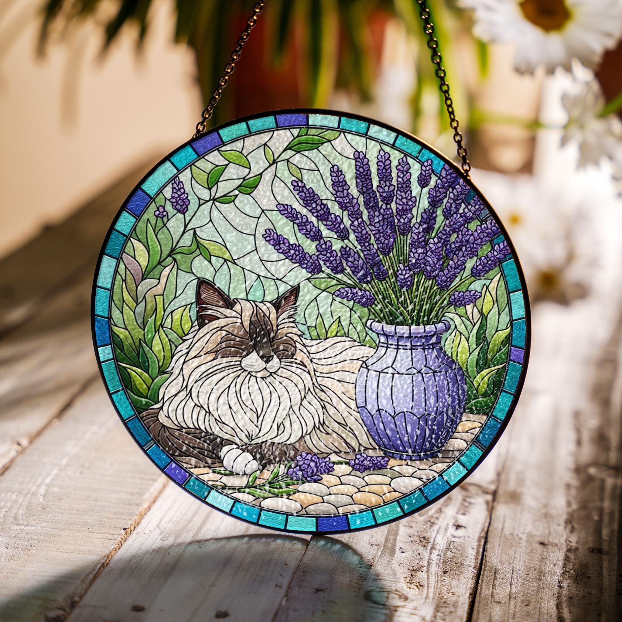 Ragdoll Cat with Lavender Pot Glass Suncatcher – Floral Cat Window Decor – Mother’s Day Gift – Flower Lover & Pet Mom Gift