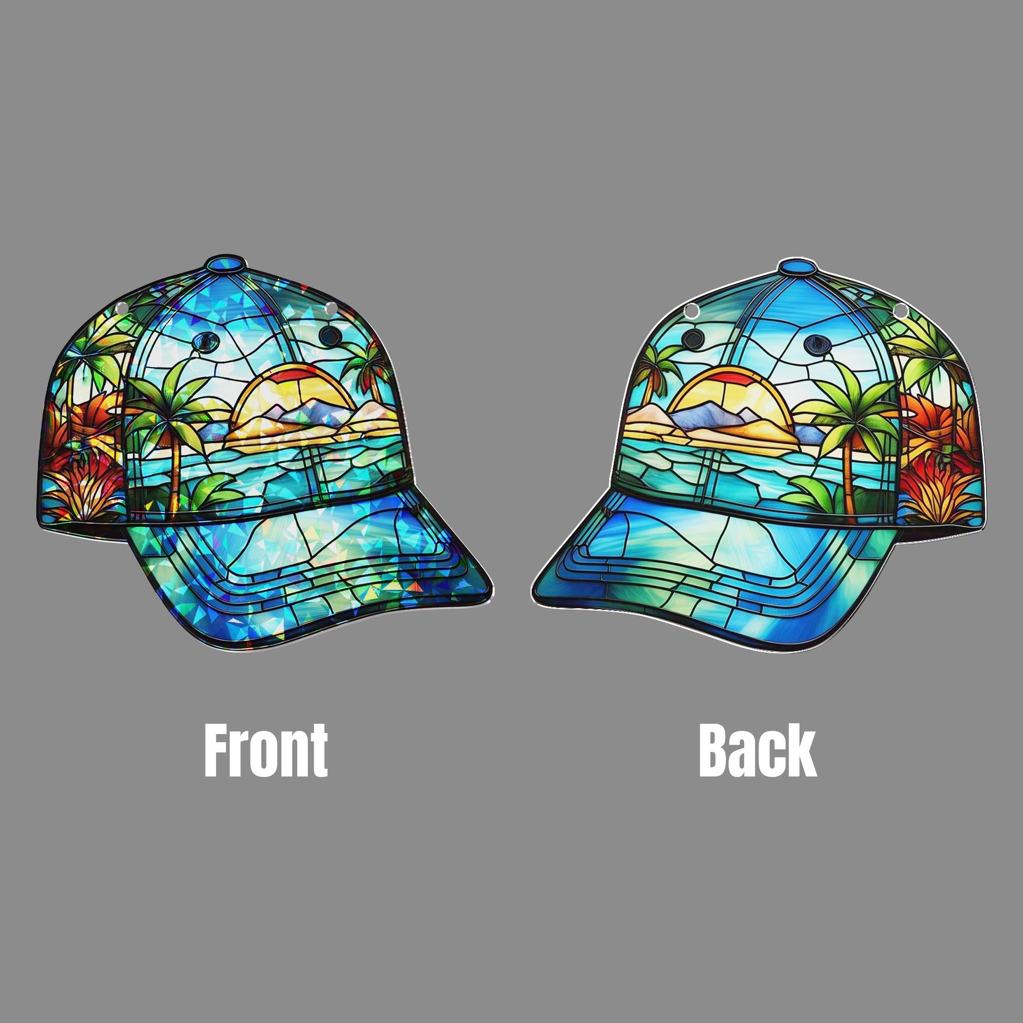 Tropical Sunset Cap Hologram Acrylic Window Hanging – Beach Scene, Palm Trees, and Ocean View Gift Decor, Gift For Dad, Cap Lover Gift