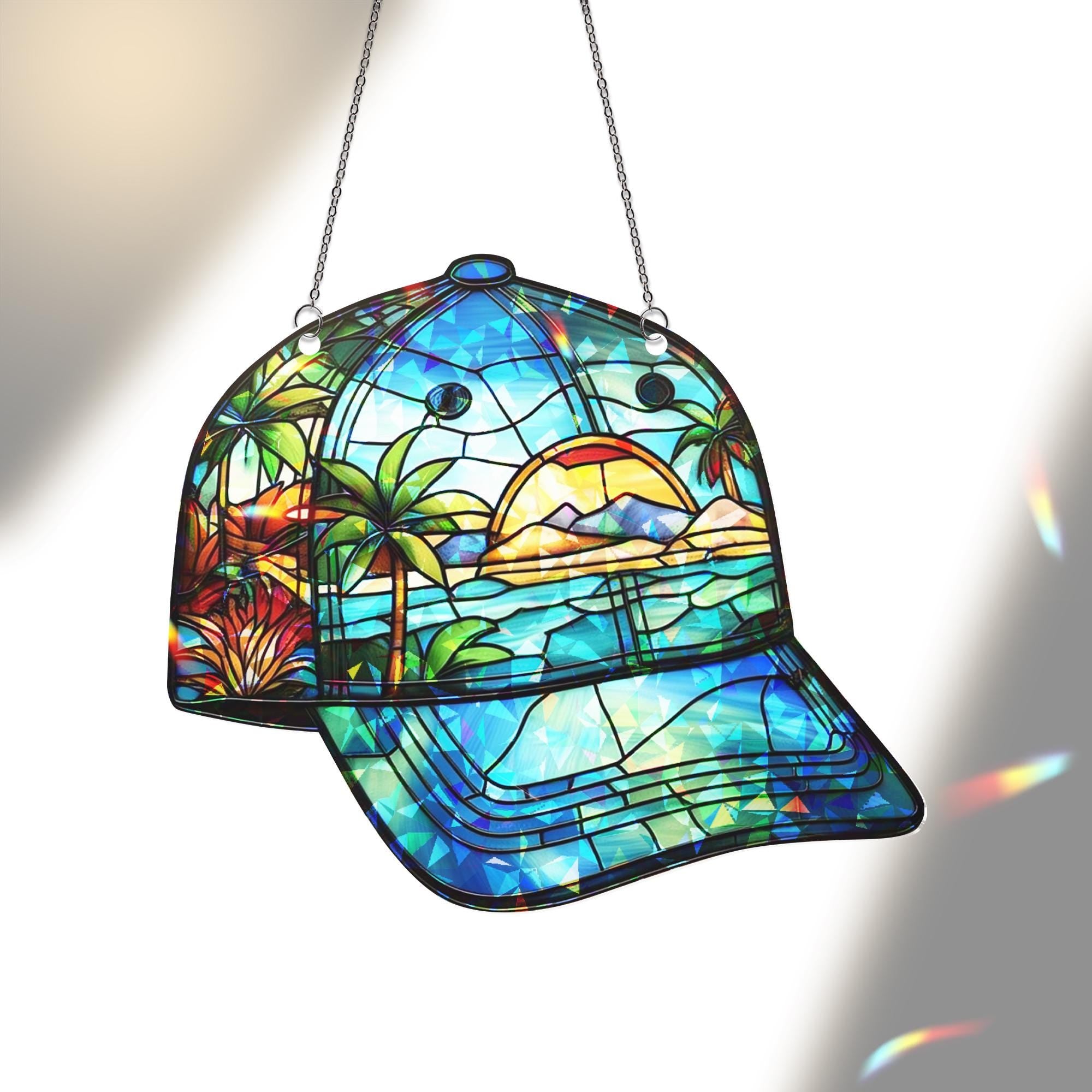 Tropical Sunset Cap Hologram Acrylic Window Hanging – Beach Scene, Palm Trees, and Ocean View Gift Decor, Gift For Dad, Cap Lover Gift