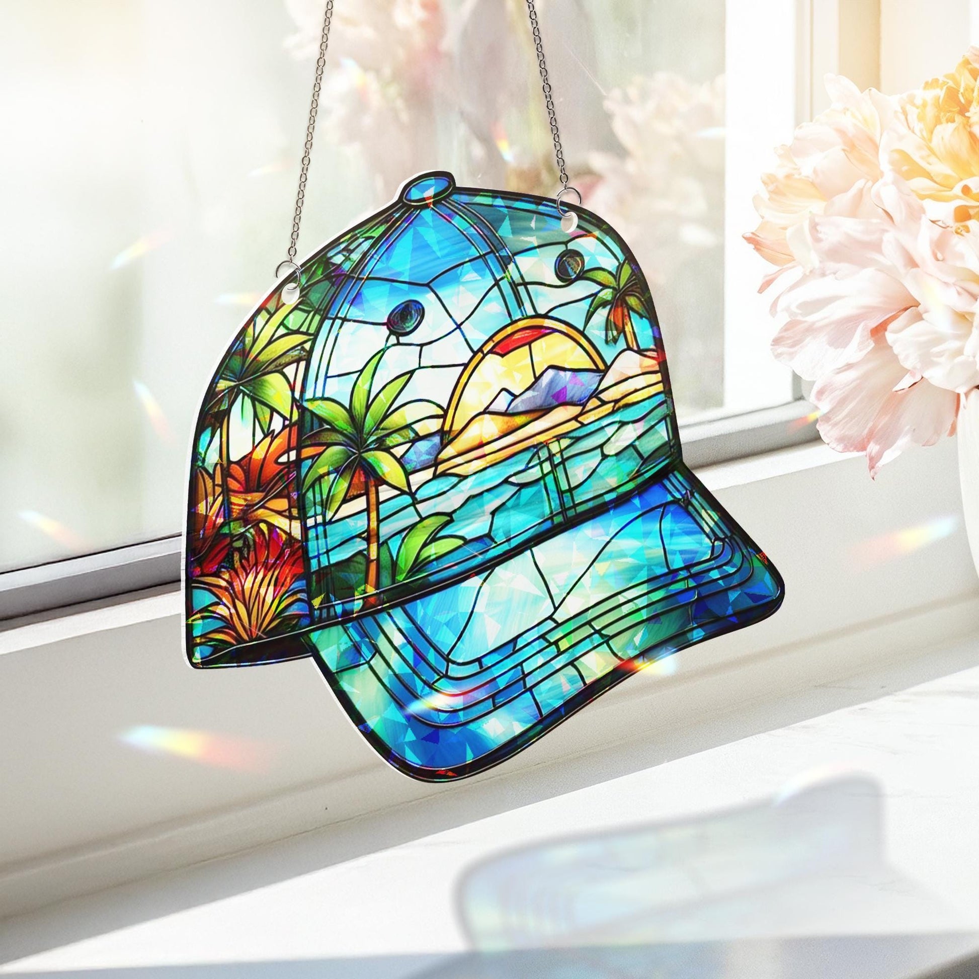 Tropical Sunset Cap Hologram Acrylic Window Hanging – Beach Scene, Palm Trees, and Ocean View Gift Decor, Gift For Dad, Cap Lover Gift