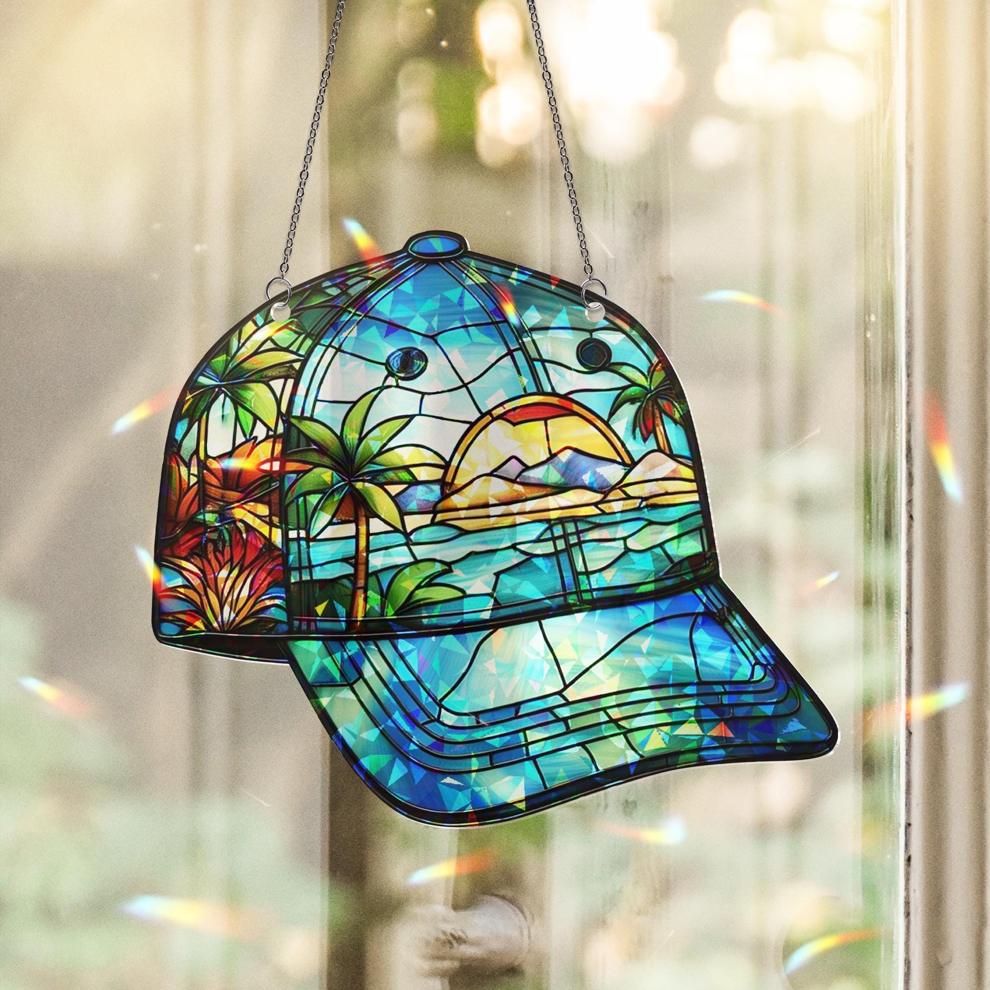 Tropical Sunset Cap Hologram Acrylic Window Hanging – Beach Scene, Palm Trees, and Ocean View Gift Decor, Gift For Dad, Cap Lover Gift