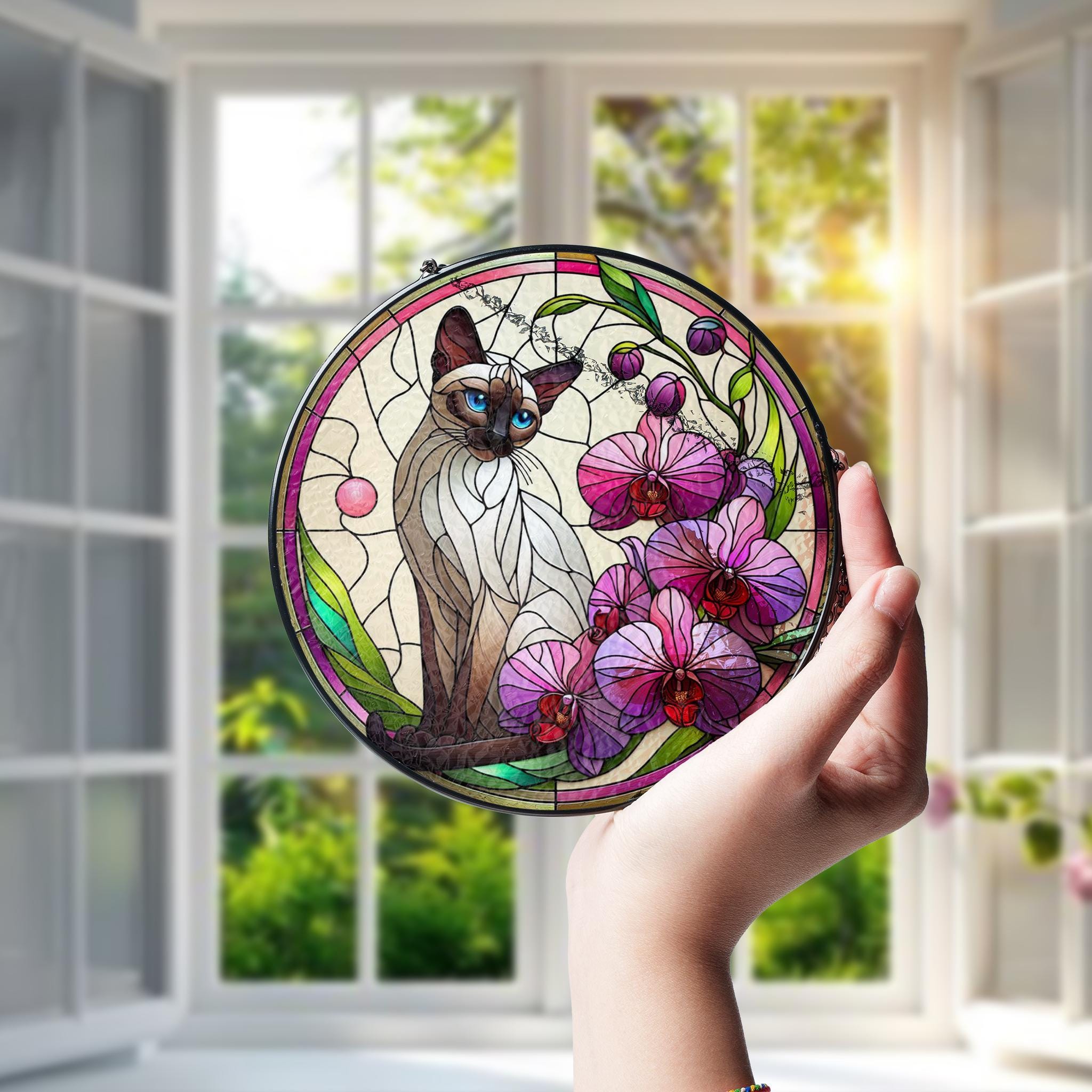 Siamese Cat with Orchid Glass Suncatcher – Floral Cat Window Art – Mother's Day Gift – Flower Lover & Cat Mom Gift