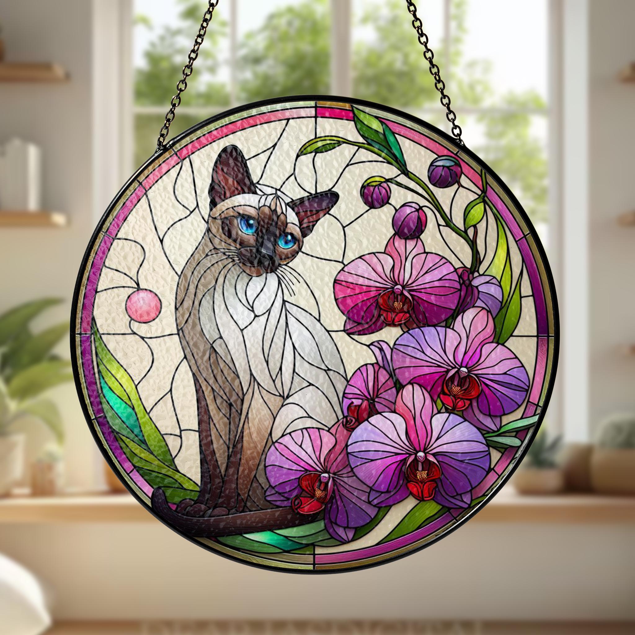 Siamese Cat with Orchid Glass Suncatcher – Floral Cat Window Art – Mother's Day Gift – Flower Lover & Cat Mom Gift