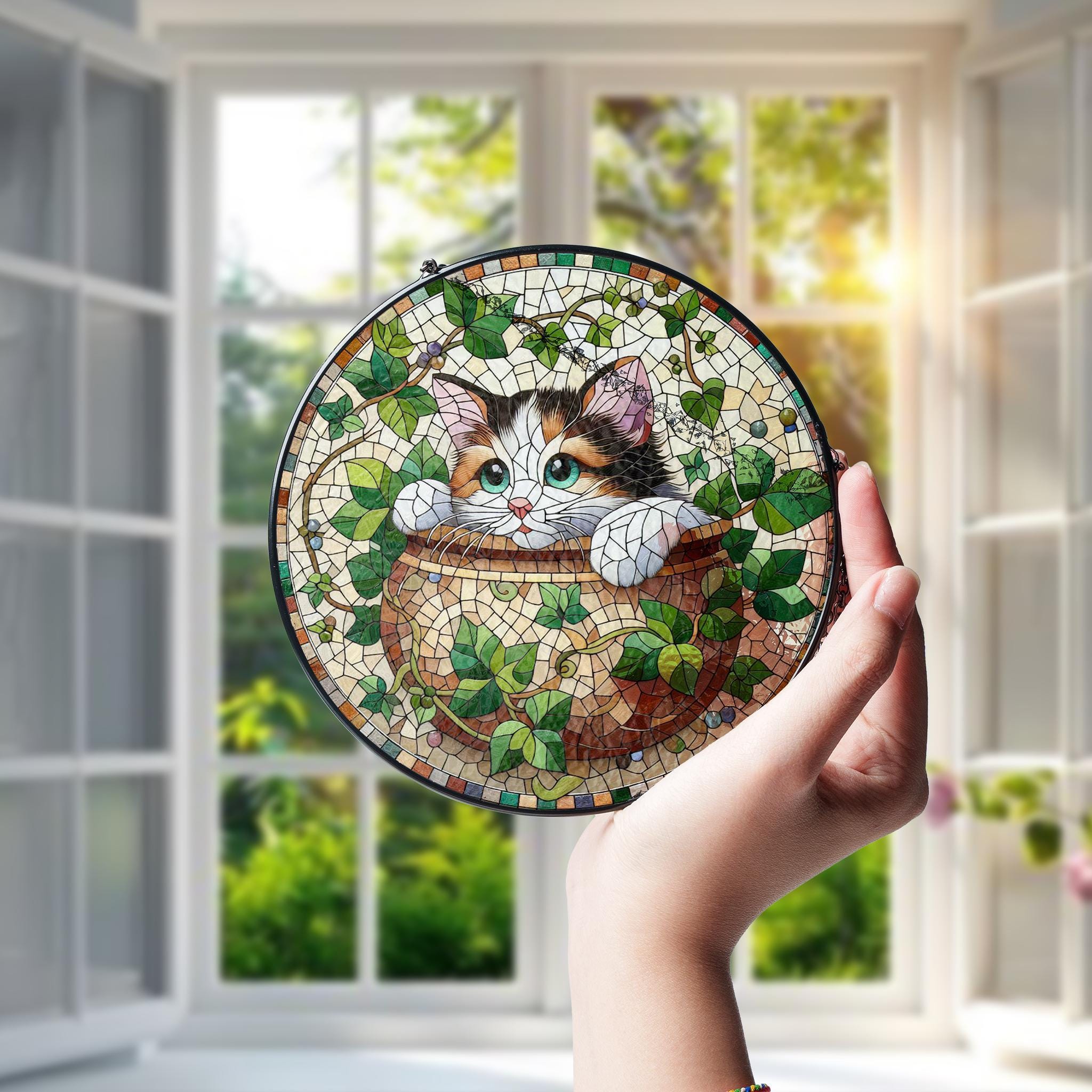 Cat Peeking in Potted Plant Glass Suncatcher – Floral Cat Window Art – Mother’s Day Gift – Flower Lover & Cat Mom Gift