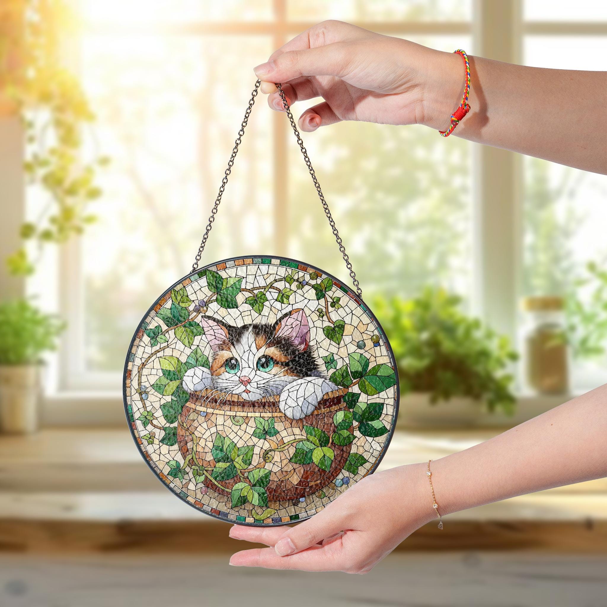 Cat Peeking in Potted Plant Glass Suncatcher – Floral Cat Window Art – Mother’s Day Gift – Flower Lover & Cat Mom Gift