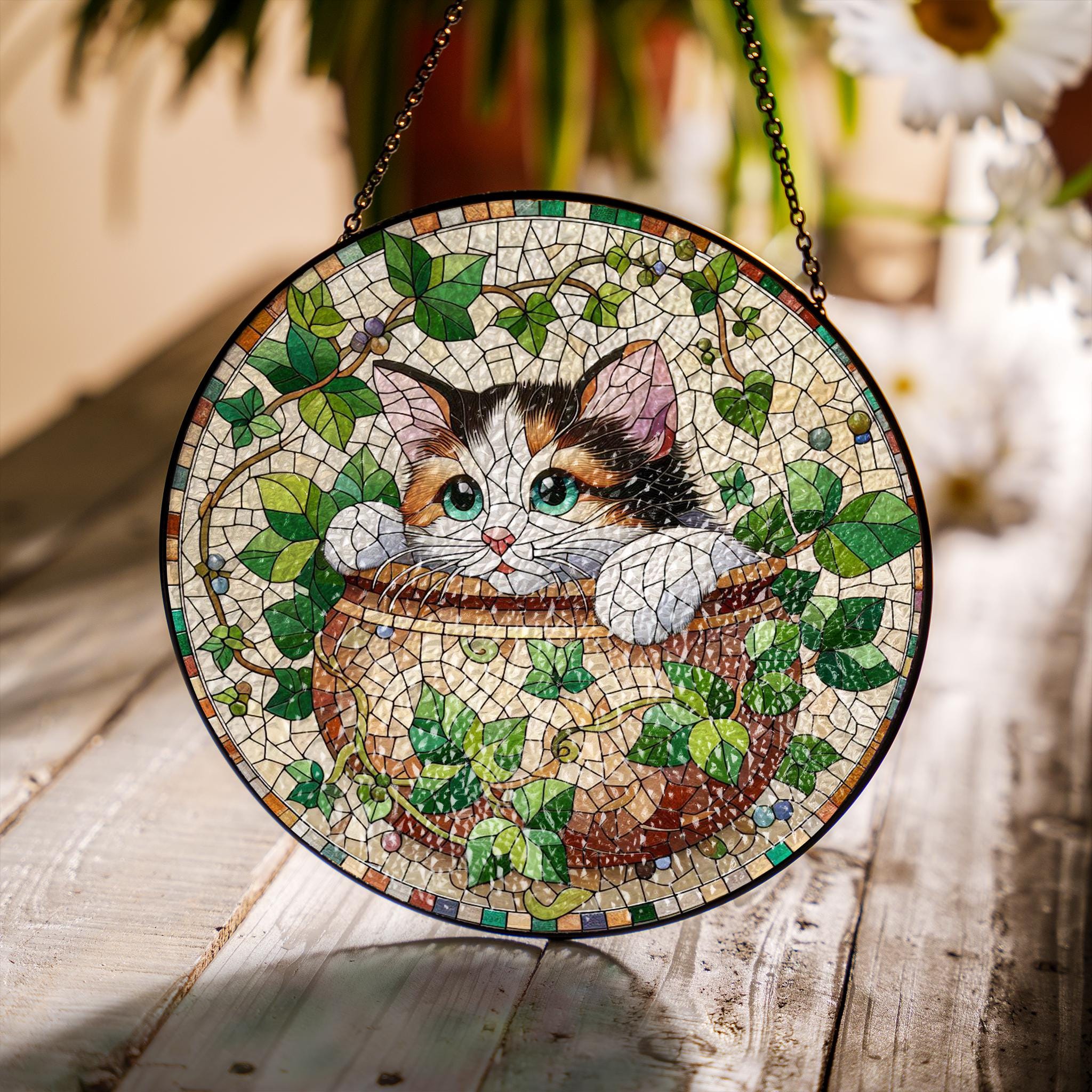 Cat Peeking in Potted Plant Glass Suncatcher – Floral Cat Window Art – Mother’s Day Gift – Flower Lover & Cat Mom Gift