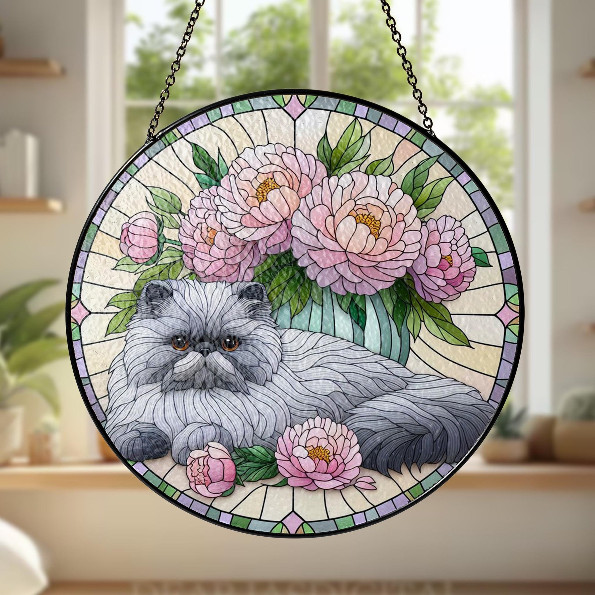 Persian Cat with Peonies Glass Suncatcher – Floral Cat Window Art – Mother’s Day Gift – Flower Lover & Cat Mom Gift