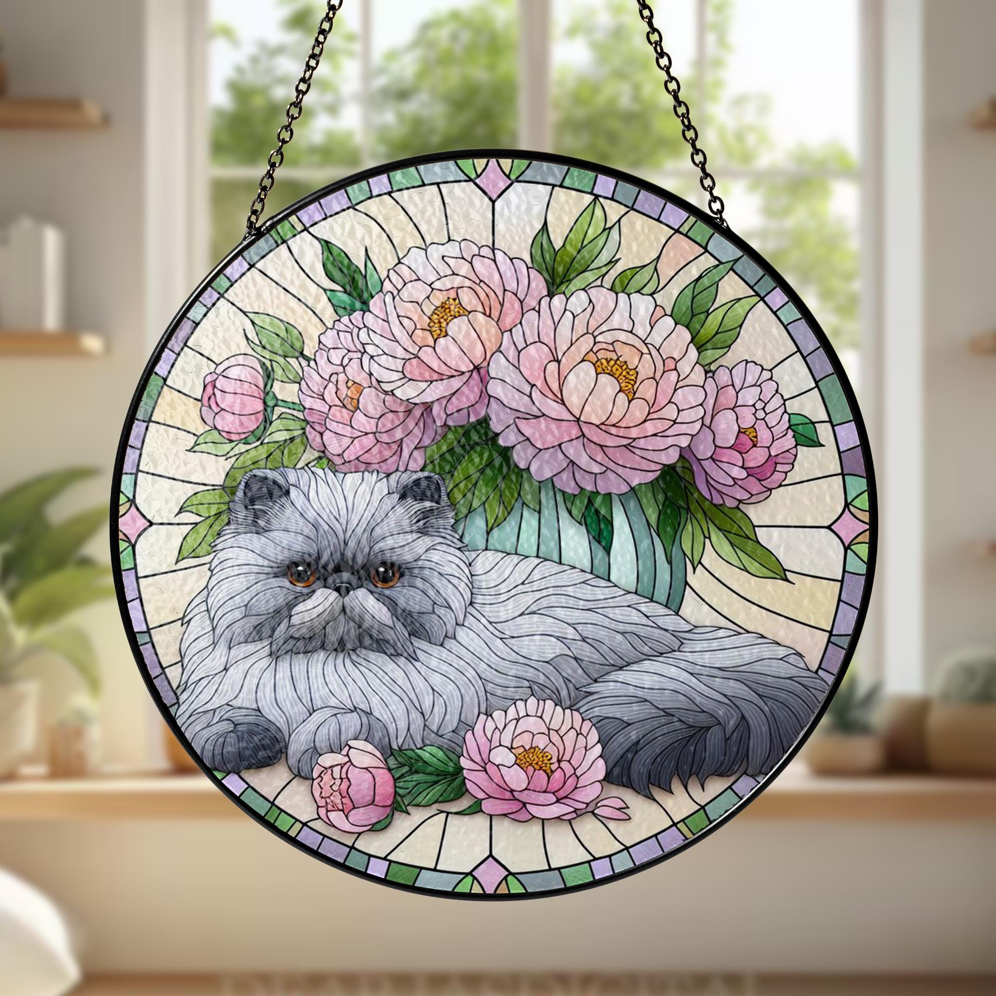 Persian Cat with Peonies Glass Suncatcher – Floral Cat Window Art – Mother’s Day Gift – Flower Lover & Cat Mom Gift