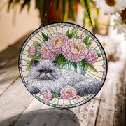Persian Cat with Peonies Glass Suncatcher – Floral Cat Window Art – Mother’s Day Gift – Flower Lover & Cat Mom Gift