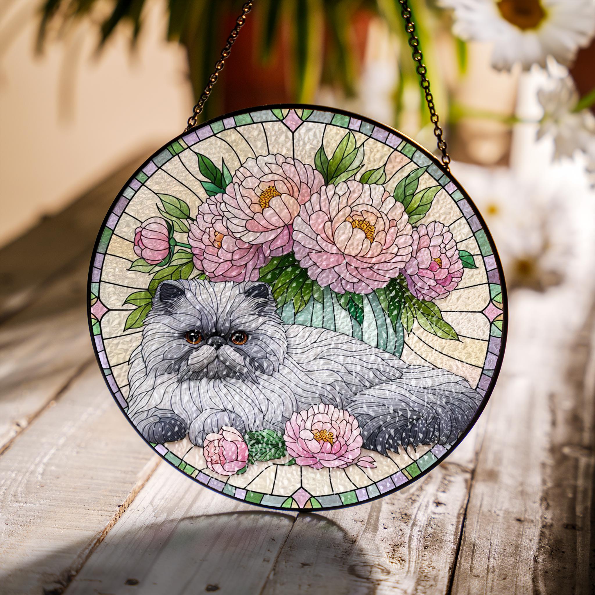 Persian Cat with Peonies Glass Suncatcher – Floral Cat Window Art – Mother’s Day Gift – Flower Lover & Cat Mom Gift