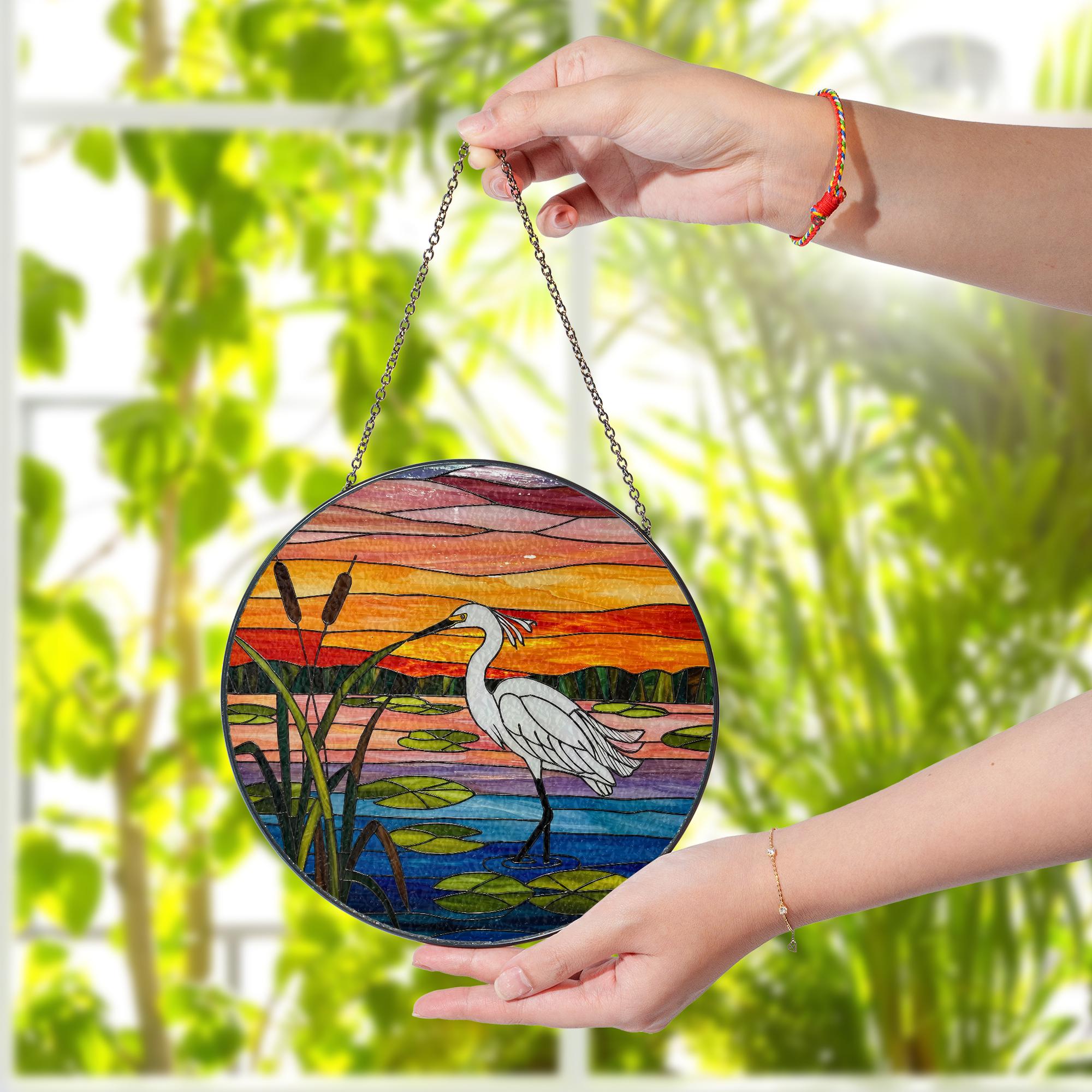 White Egret Glass Suncatcher with Sunset - Faux Stained Glass Lake Bird Window Hanging - Peaceful Nature Decor Gift for Bird Lovers