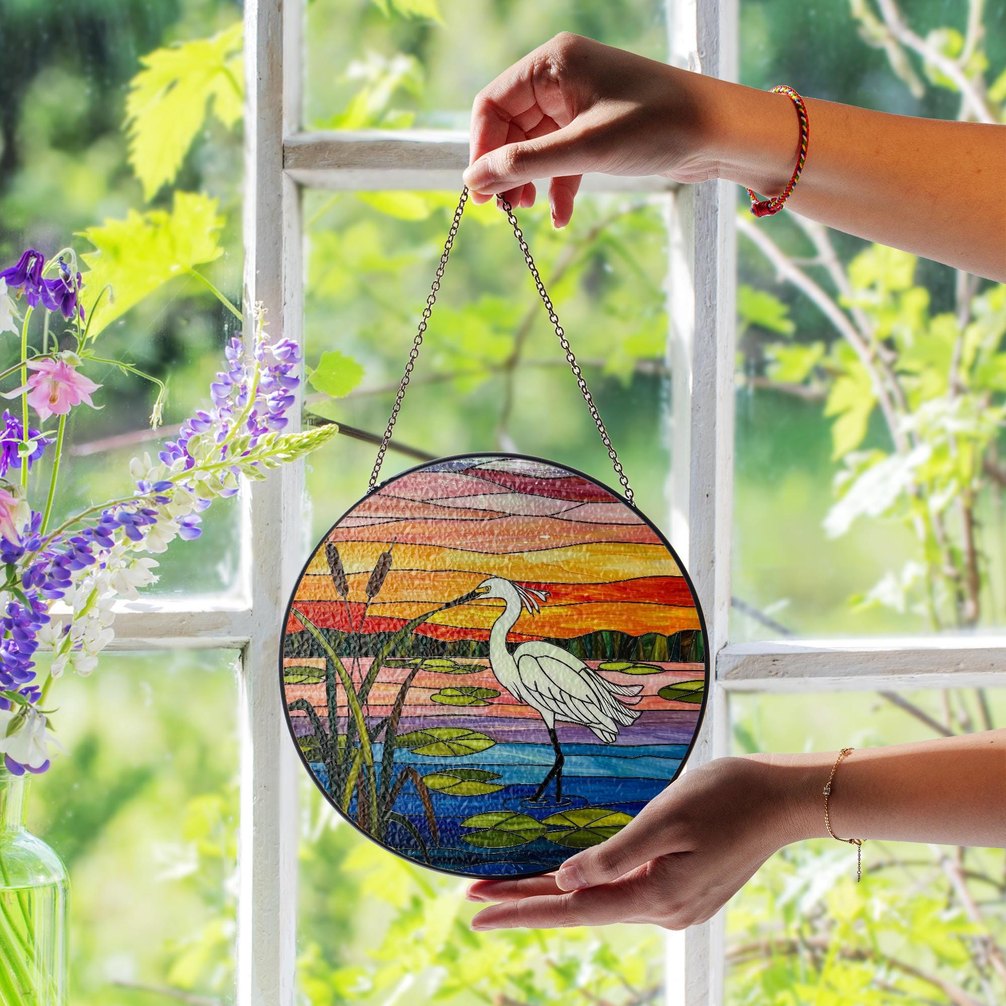 White Egret Glass Suncatcher with Sunset - Faux Stained Glass Lake Bird Window Hanging - Peaceful Nature Decor Gift for Bird Lovers
