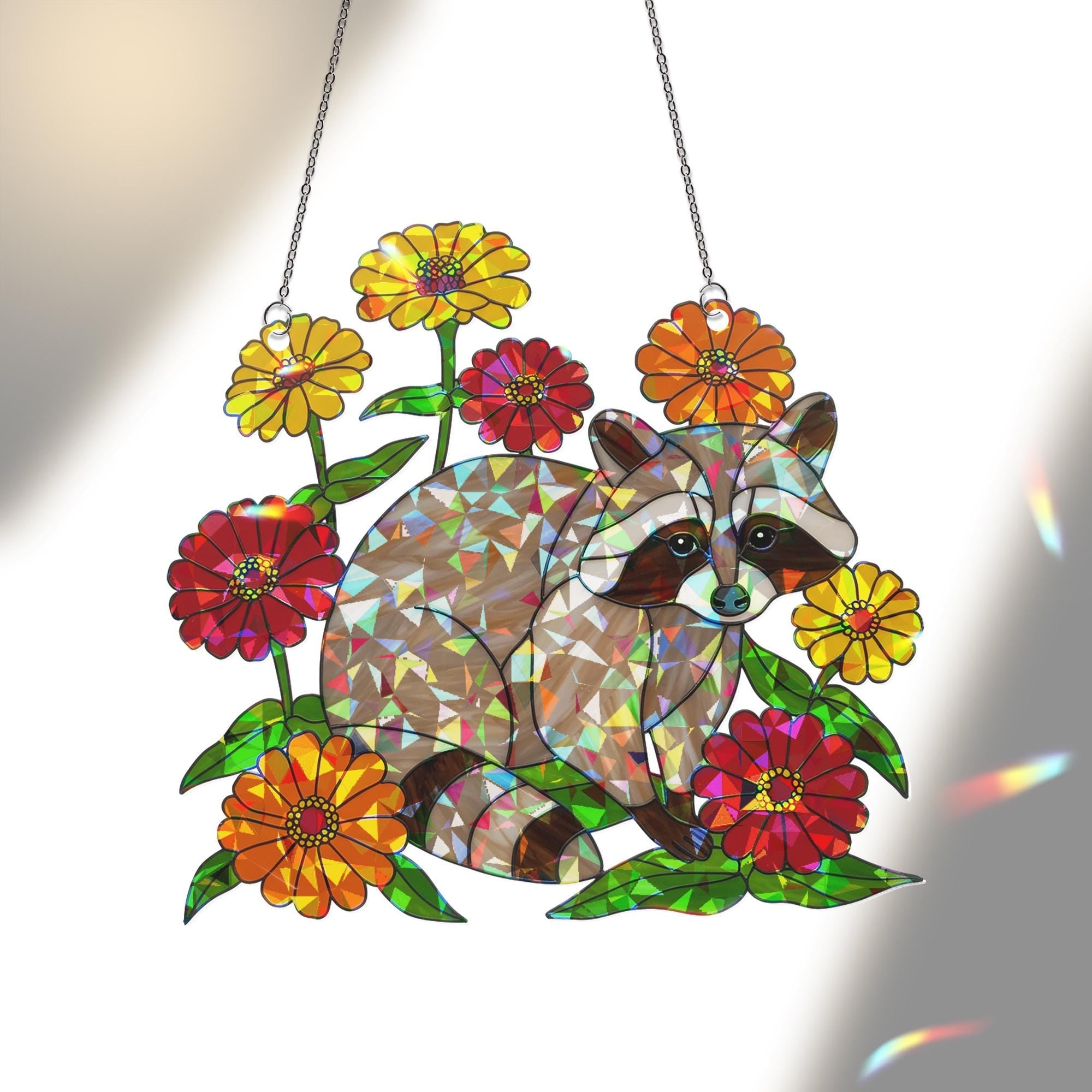 Cute Raccoon Hologram Acrylic Window Hanging – Animal with Colorful Flowers, Nature Lover Gift, Forest Animal Decor, Gift For Mom