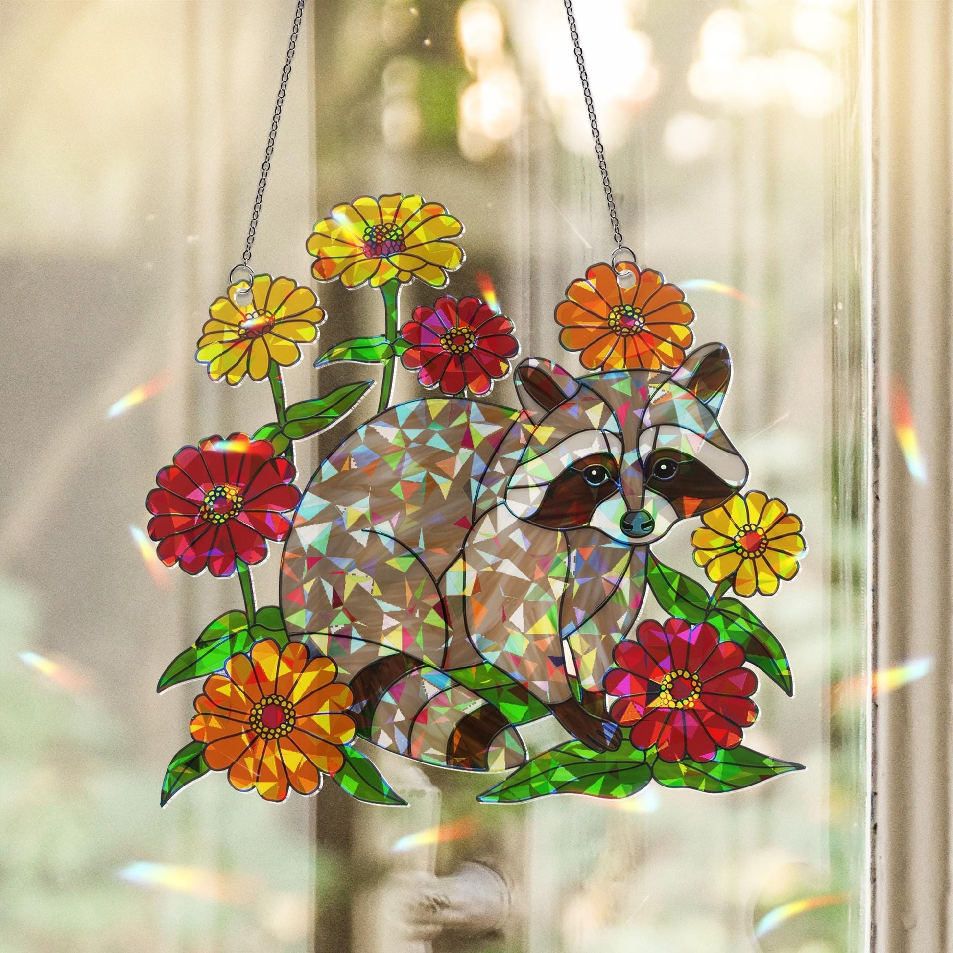 Cute Raccoon Hologram Acrylic Window Hanging – Animal with Colorful Flowers, Nature Lover Gift, Forest Animal Decor, Gift For Mom