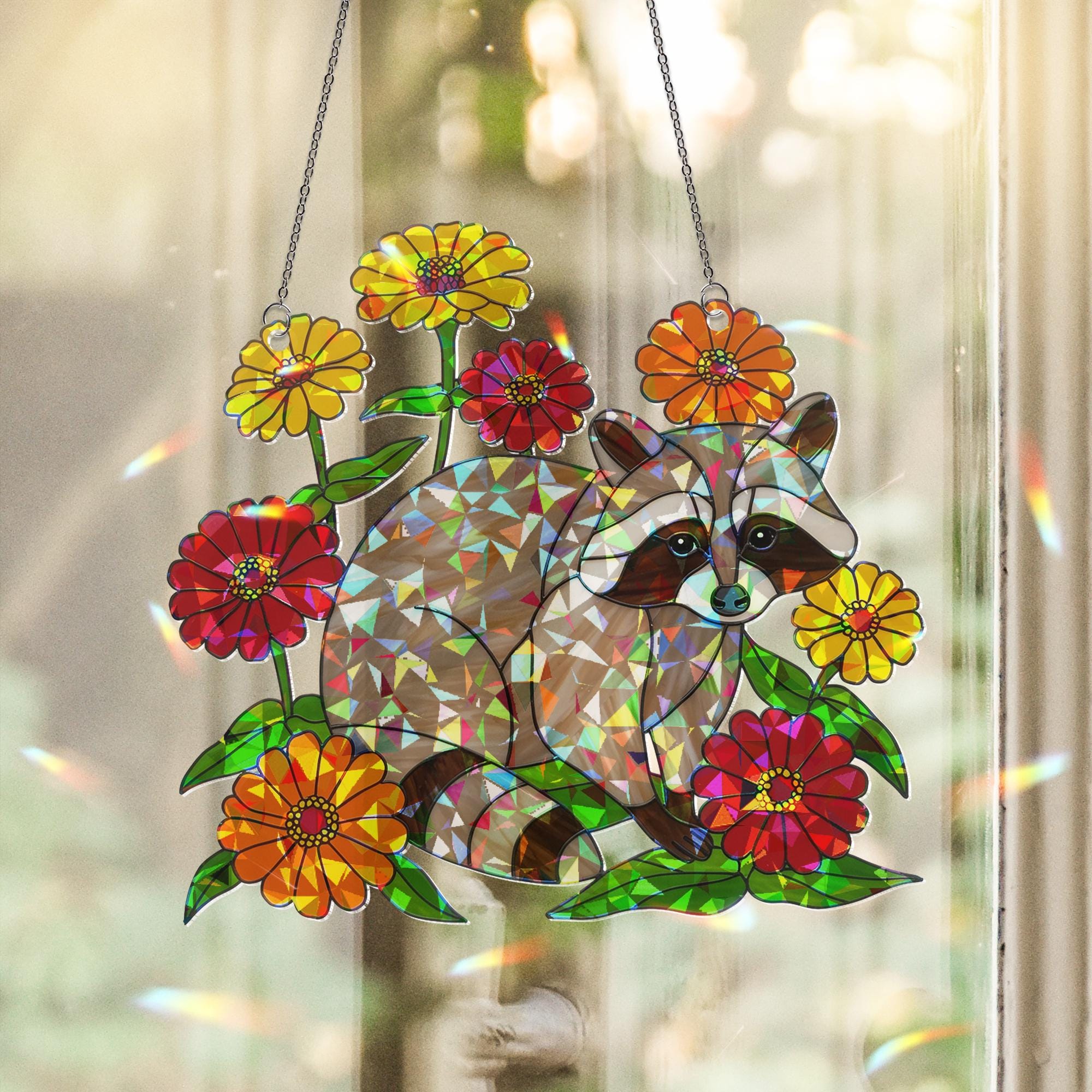 Cute Raccoon Hologram Acrylic Window Hanging – Animal with Colorful Flowers, Nature Lover Gift, Forest Animal Decor, Gift For Mom