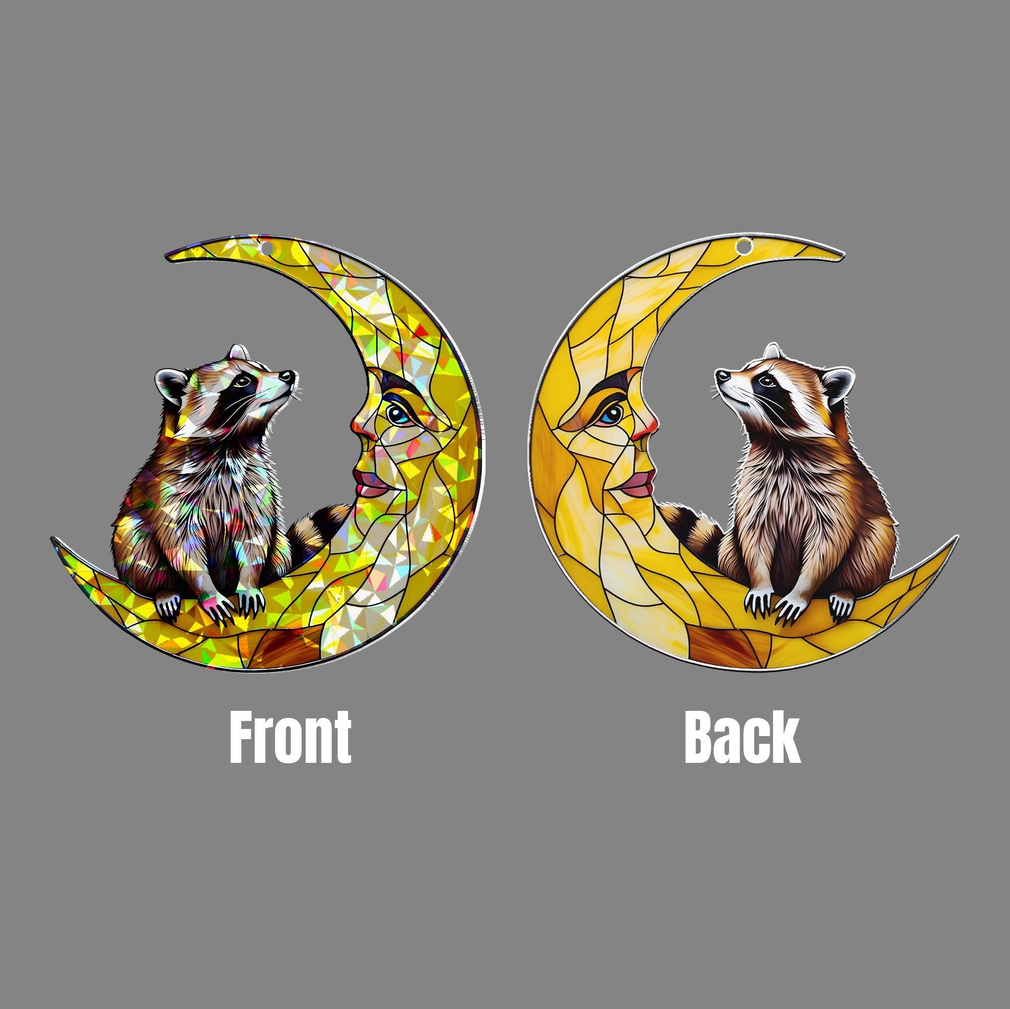 Raccoon and Moon Hologram Acrylic Window Hanging – Animal Decor, Celestial Woodland Art, Whimsical Gift for Nature Lovers, Raccoon Lover