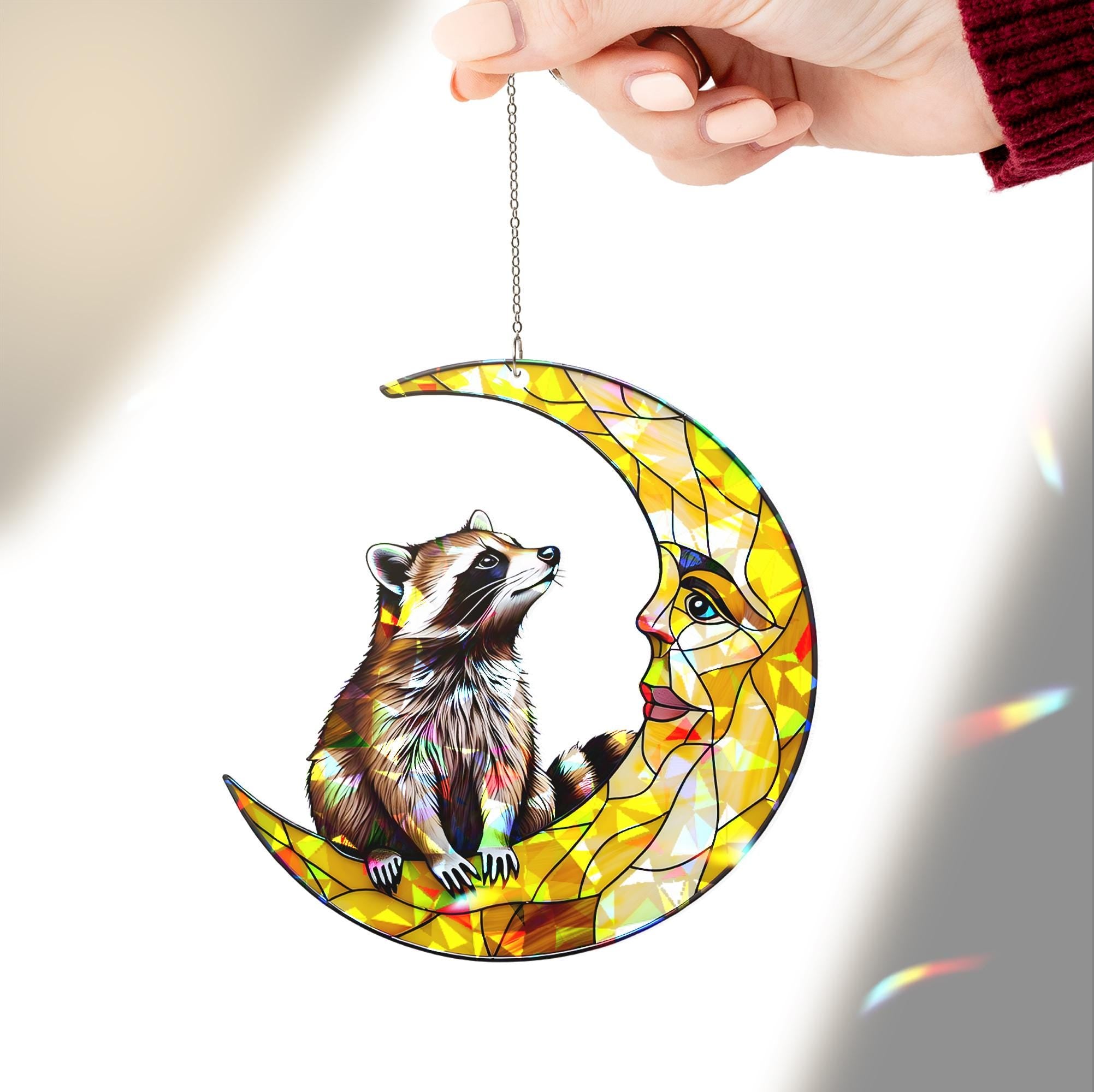 Raccoon and Moon Hologram Acrylic Window Hanging – Animal Decor, Celestial Woodland Art, Whimsical Gift for Nature Lovers, Raccoon Lover