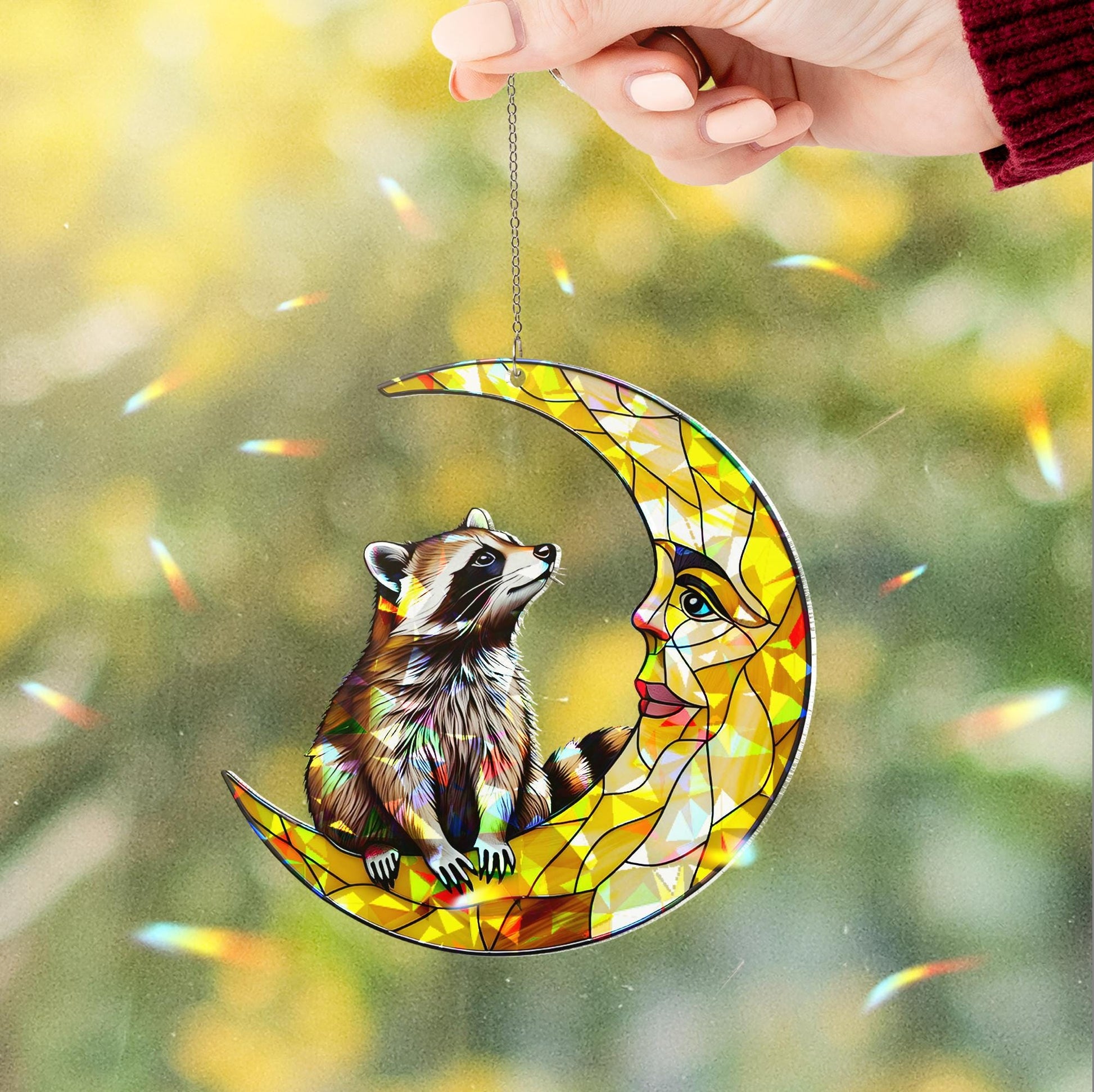 Raccoon and Moon Hologram Acrylic Window Hanging – Animal Decor, Celestial Woodland Art, Whimsical Gift for Nature Lovers, Raccoon Lover