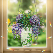 Gecko and Wisteria Pot Suncatcher - Holographic Acrylic Window Hanging - Lizard Plant Lover Gift and Garden Decor