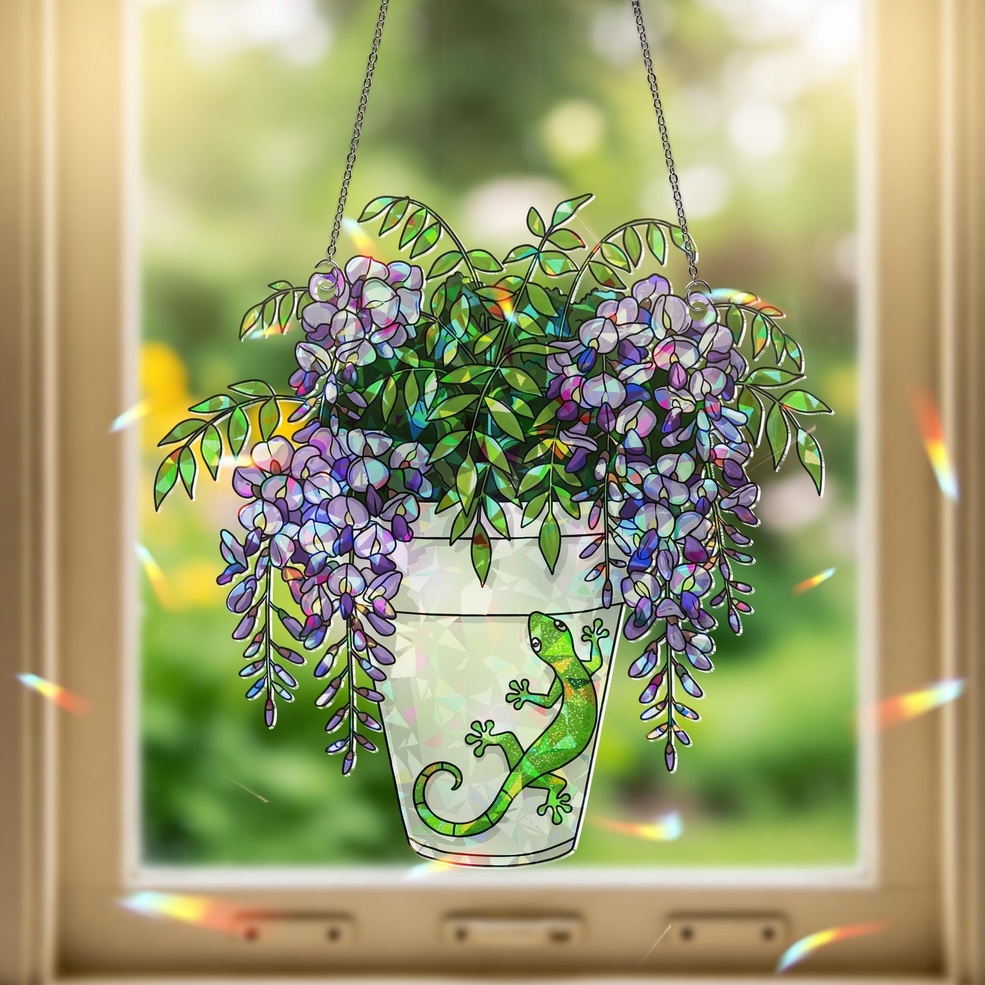 Gecko and Wisteria Pot Suncatcher - Holographic Acrylic Window Hanging - Lizard Plant Lover Gift and Garden Decor