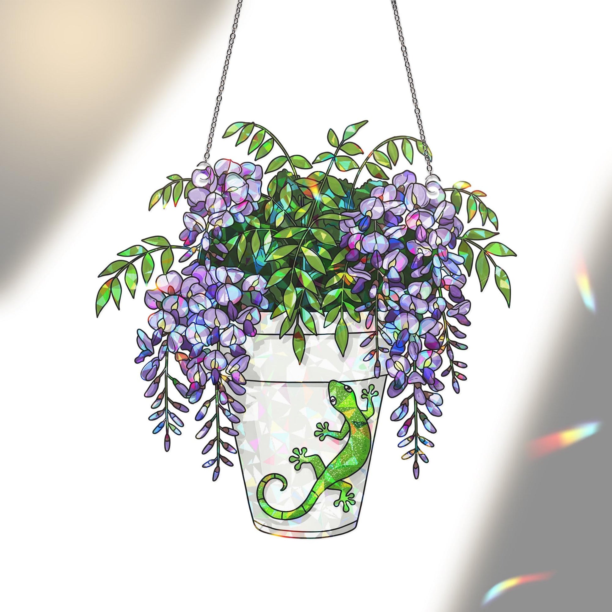 Gecko and Wisteria Pot Suncatcher - Holographic Acrylic Window Hanging - Lizard Plant Lover Gift and Garden Decor