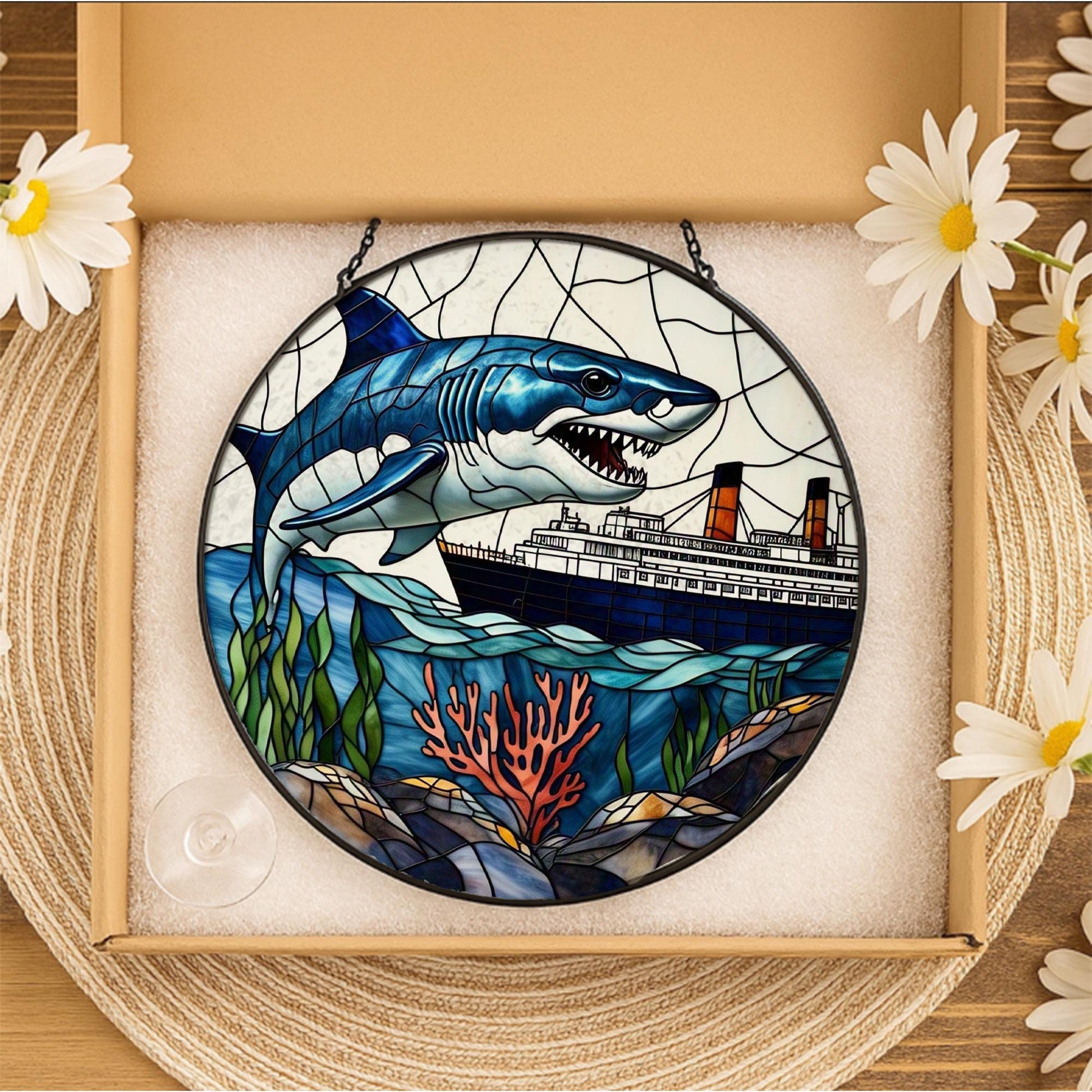 Shark and Ship Glass Suncatcher – Ocean Nautical Window Hanging, Underwater Scene Art, Maritime Decor Gift for Sea Lovers, Shark Lover Gift
