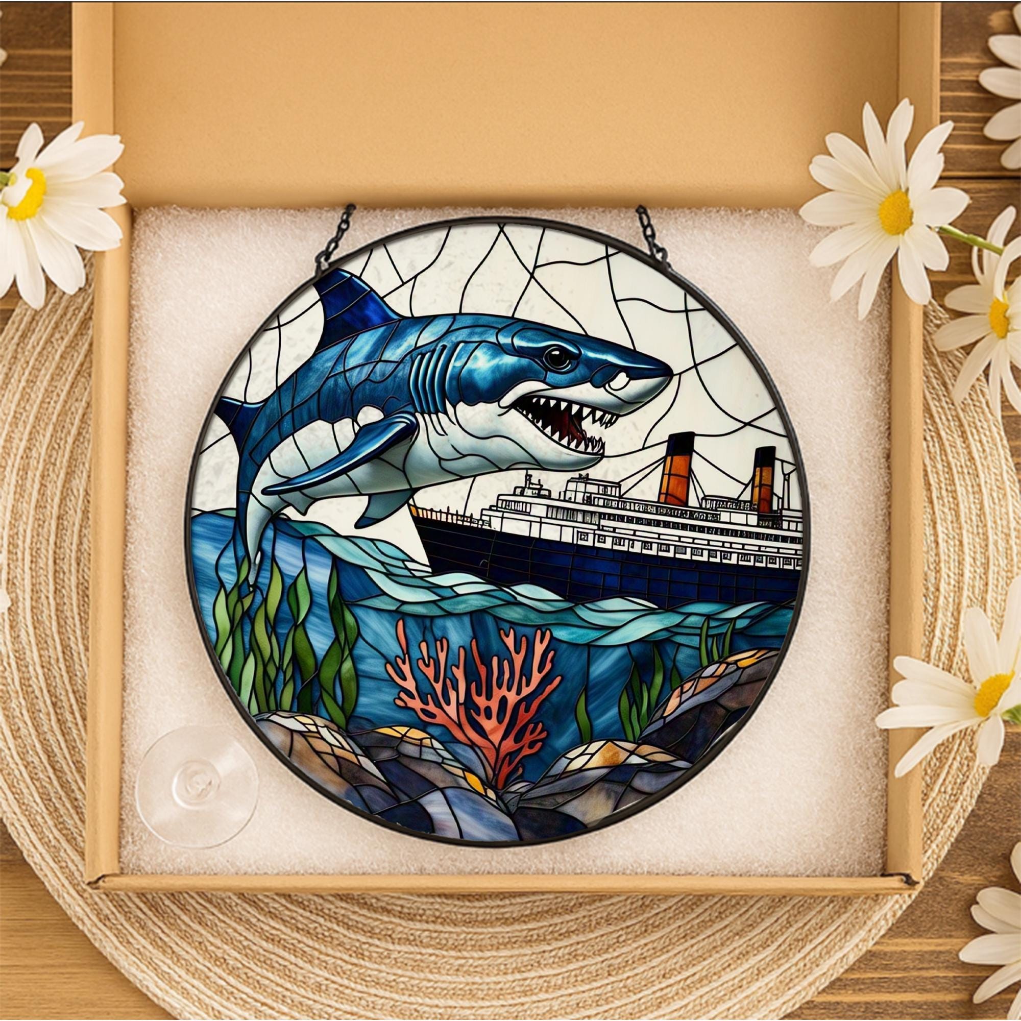 Shark and Ship Glass Suncatcher – Ocean Nautical Window Hanging, Underwater Scene Art, Maritime Decor Gift for Sea Lovers, Shark Lover Gift