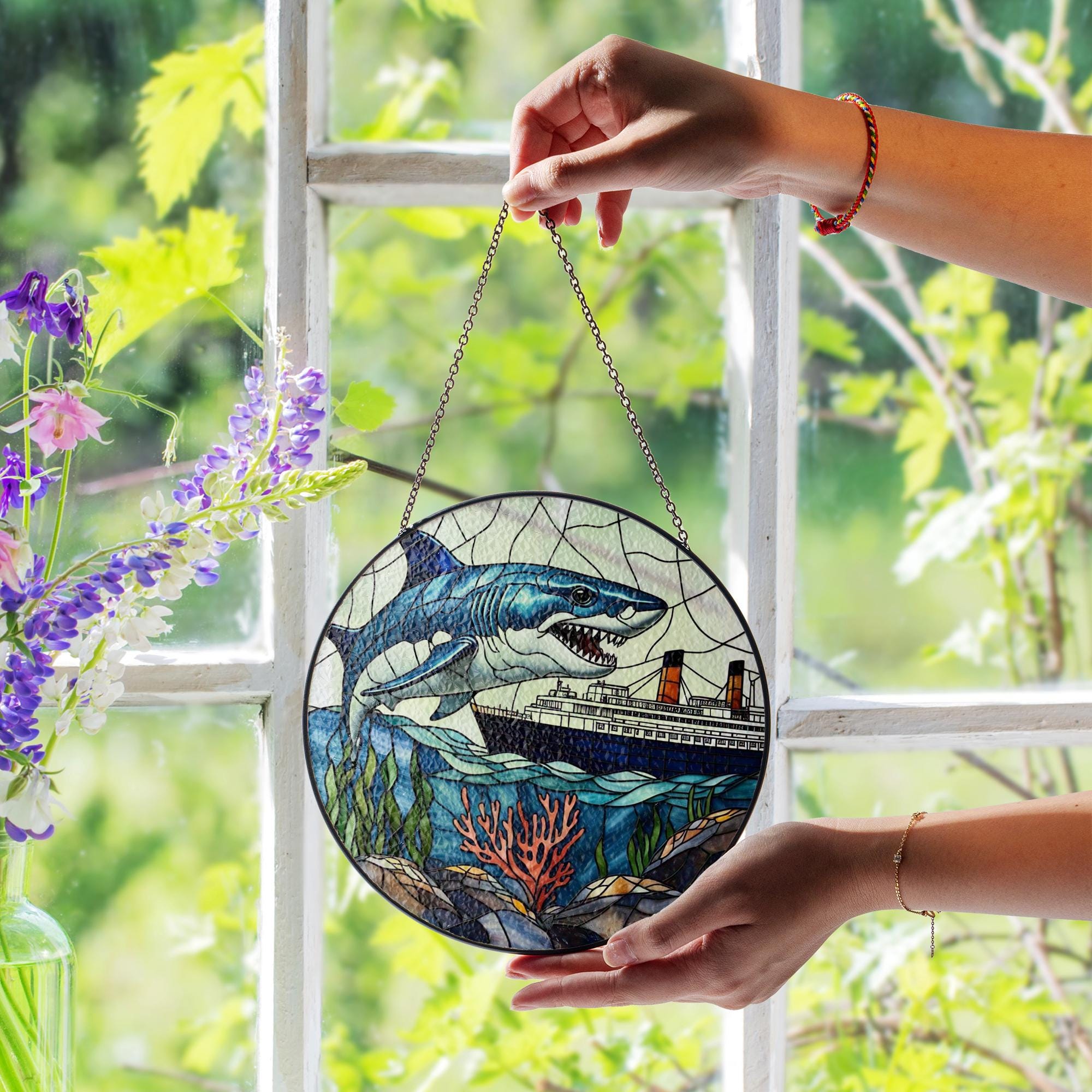 Shark and Ship Glass Suncatcher – Ocean Nautical Window Hanging, Underwater Scene Art, Maritime Decor Gift for Sea Lovers, Shark Lover Gift