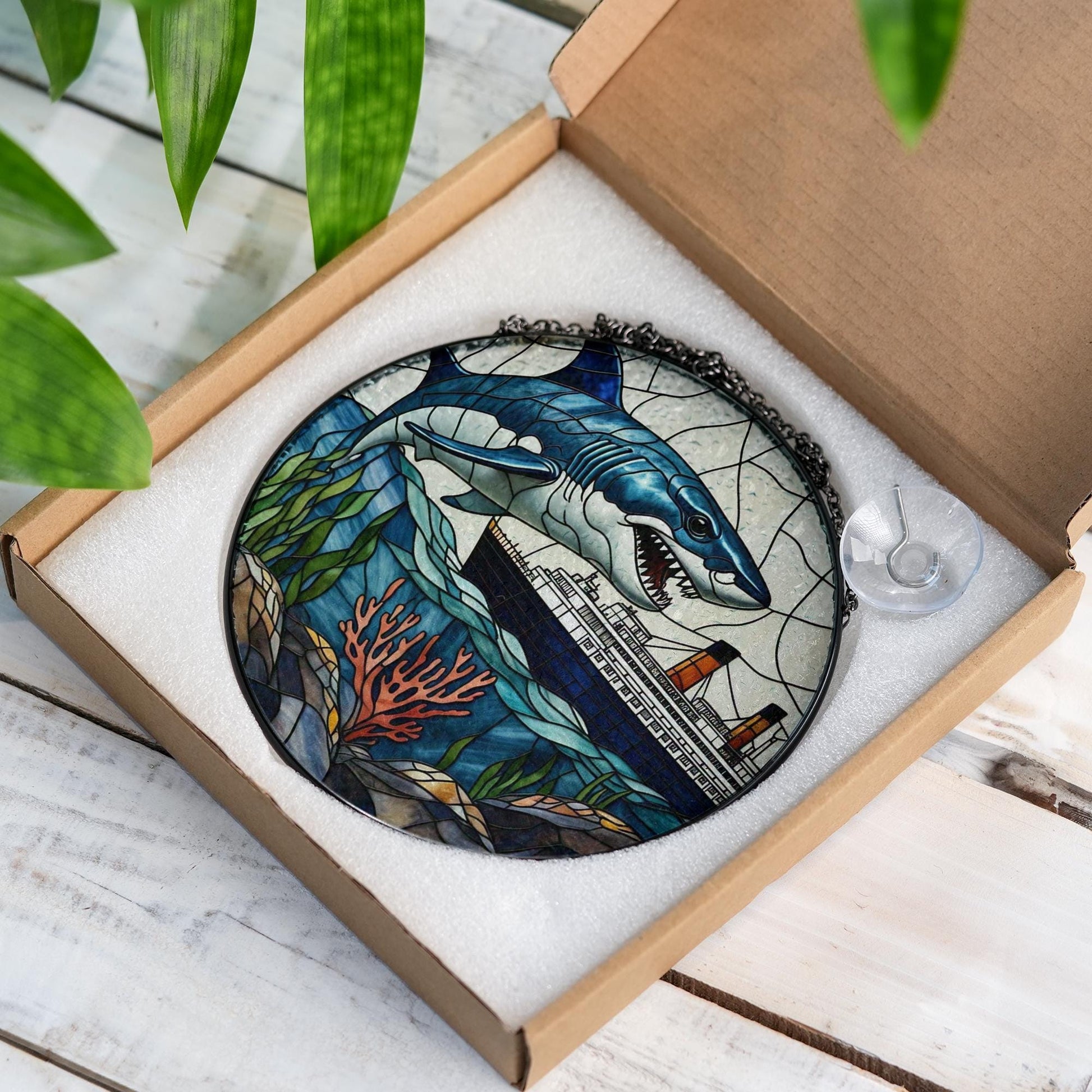 Shark and Ship Glass Suncatcher – Ocean Nautical Window Hanging, Underwater Scene Art, Maritime Decor Gift for Sea Lovers, Shark Lover Gift
