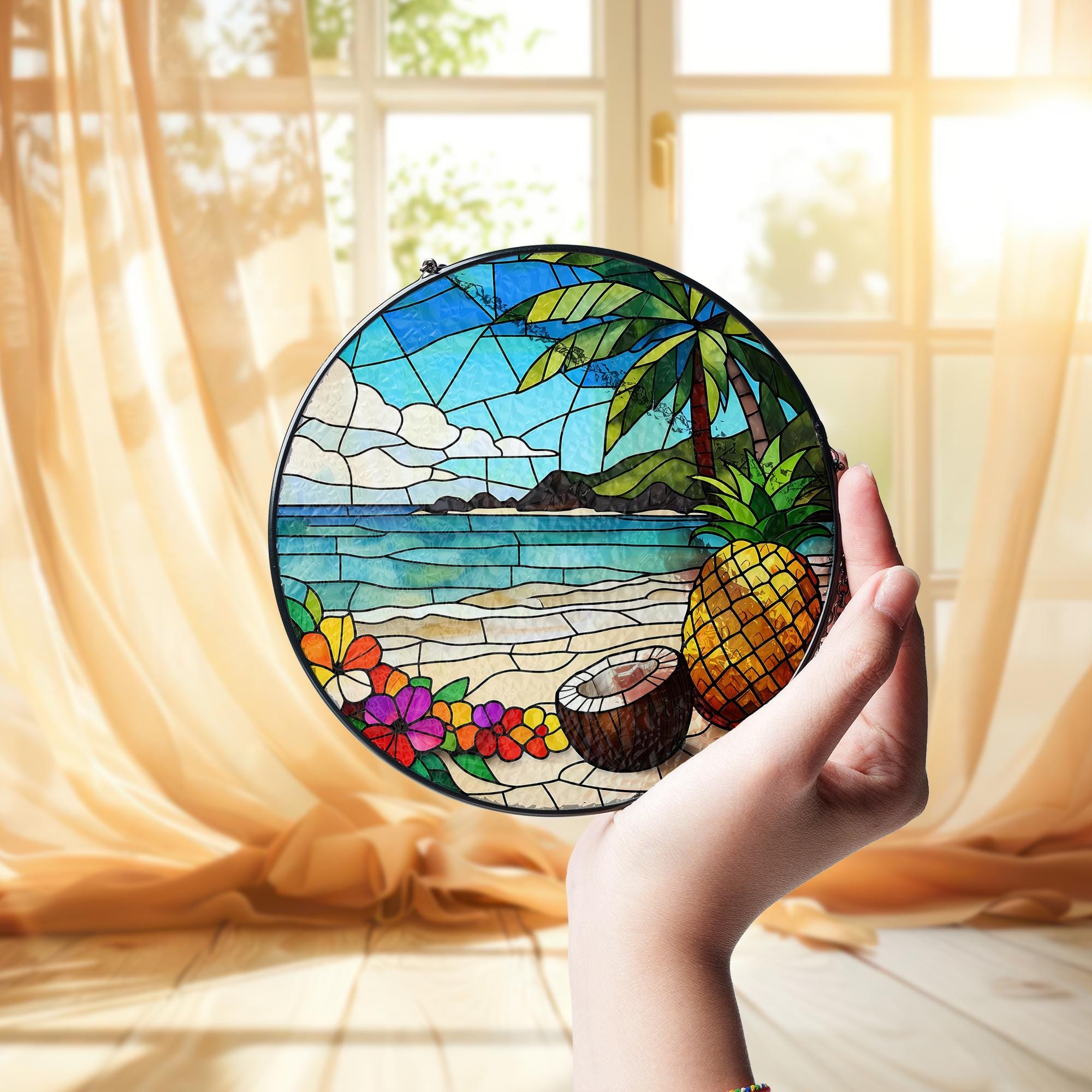 Tropical Beach Glass Suncatcher – Coconut Pineapple Window Hanging, Island Summer Decor, Ocean Sunset Glass Gift, Sea Lovers