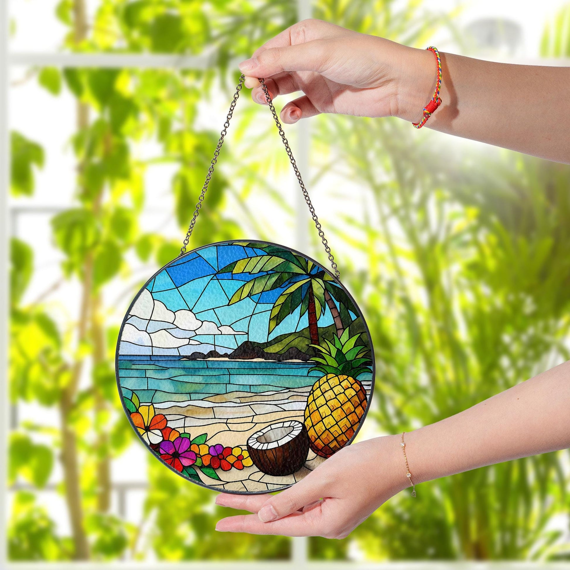 Tropical Beach Glass Suncatcher – Coconut Pineapple Window Hanging, Island Summer Decor, Ocean Sunset Glass Gift, Sea Lovers