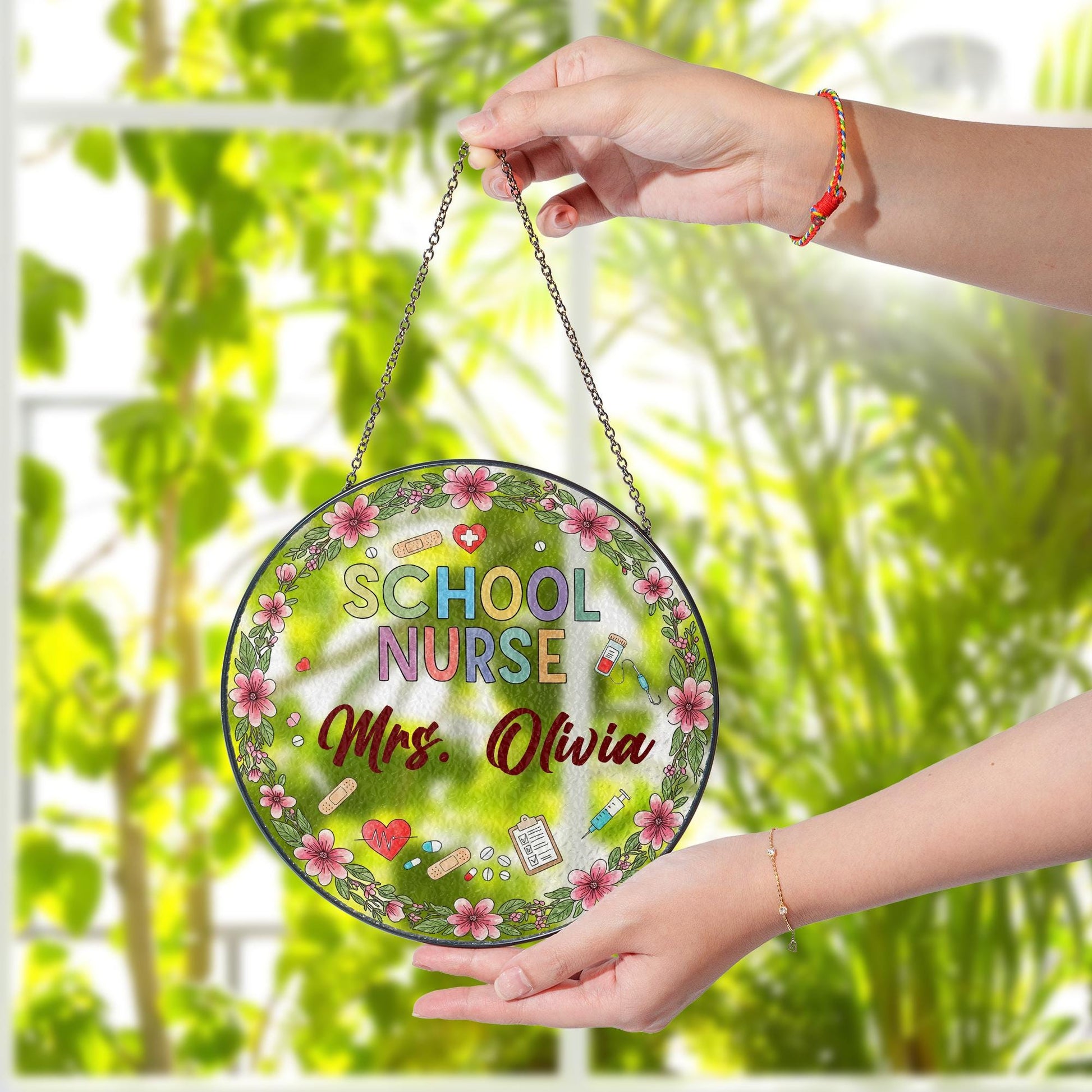 Personalized School Nurse Glass Suncatcher, Nurse Office Decor, Gift for School Nurse, Floral Nurse Name Decor, Nurse Appreciation Gift