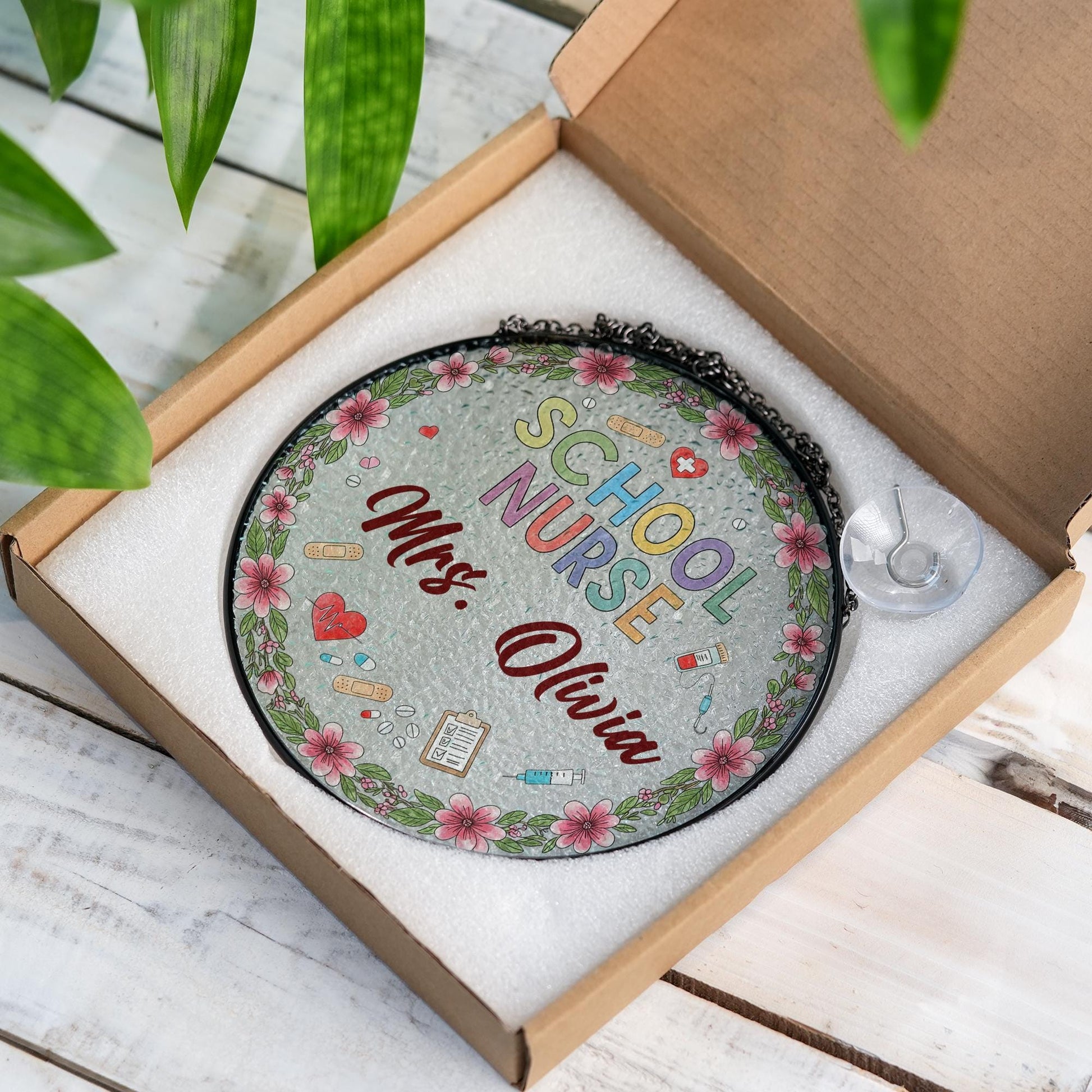 Personalized School Nurse Glass Suncatcher, Nurse Office Decor, Gift for School Nurse, Floral Nurse Name Decor, Nurse Appreciation Gift