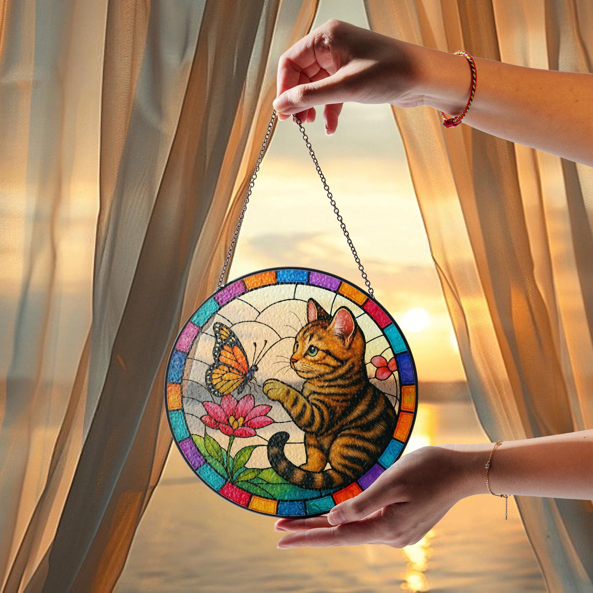 Tabby Cat and Butterfly Glass Suncatcher – Cat Decor, Kitten and Flower Art Gift for Cat Lovers, Cat Lover Gift, Gift For Mom