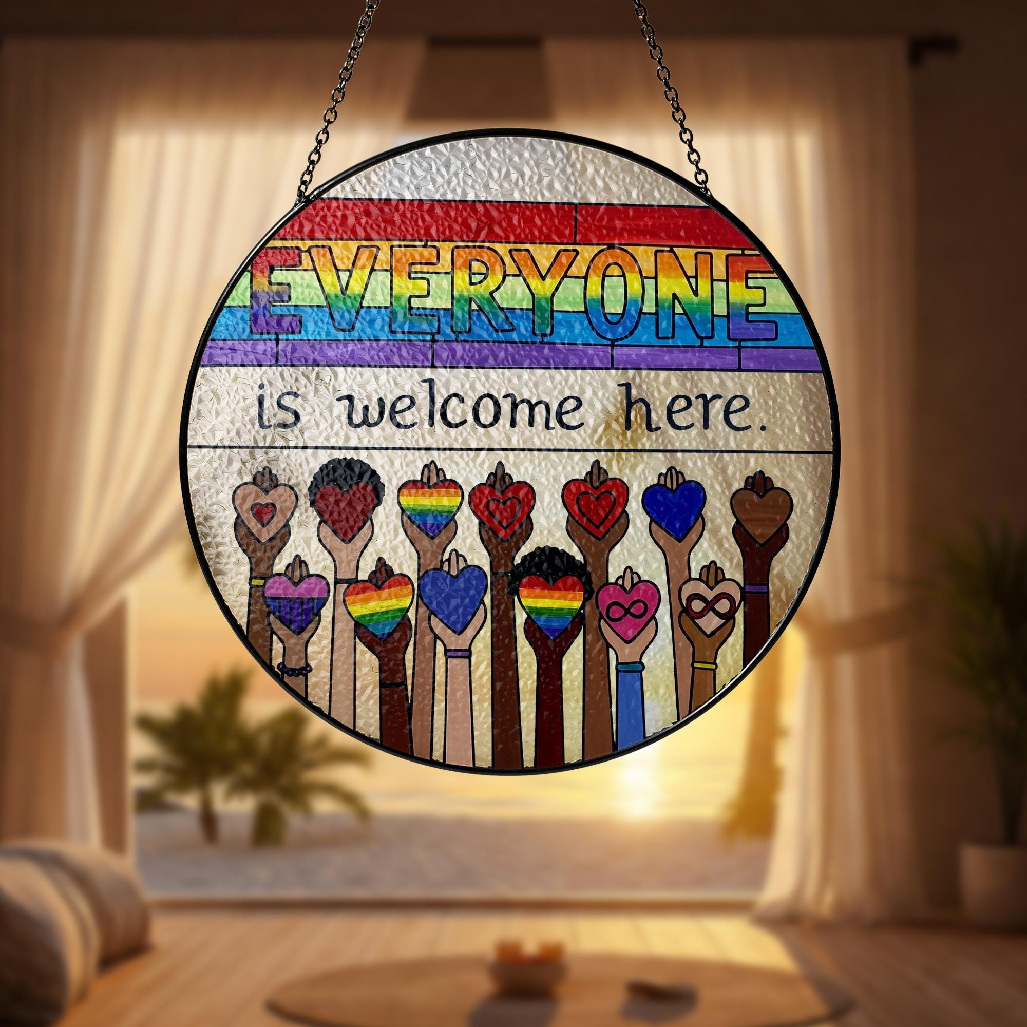 Everyone Is Welcome Here LGBT Suncatcher, Rainbow Pride Glass Decor, Inclusive Home Decor, LGBTQ Window Hanging, Equality Gift, Pride Month