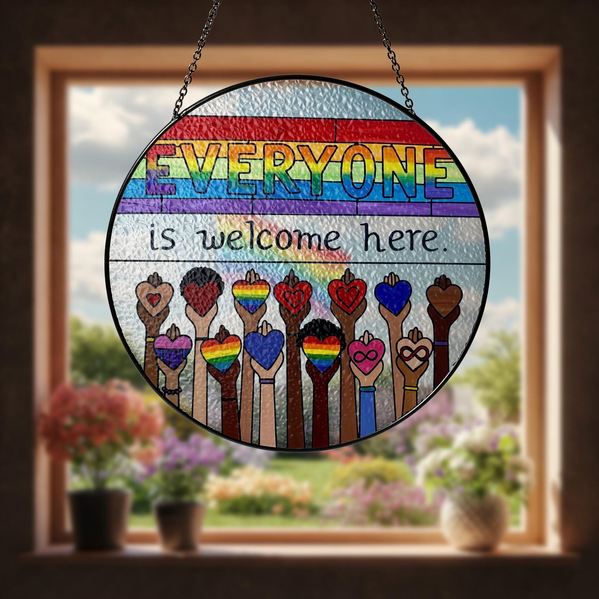 Everyone Is Welcome Here LGBT Suncatcher, Rainbow Pride Glass Decor, Inclusive Home Decor, LGBTQ Window Hanging, Equality Gift, Pride Month
