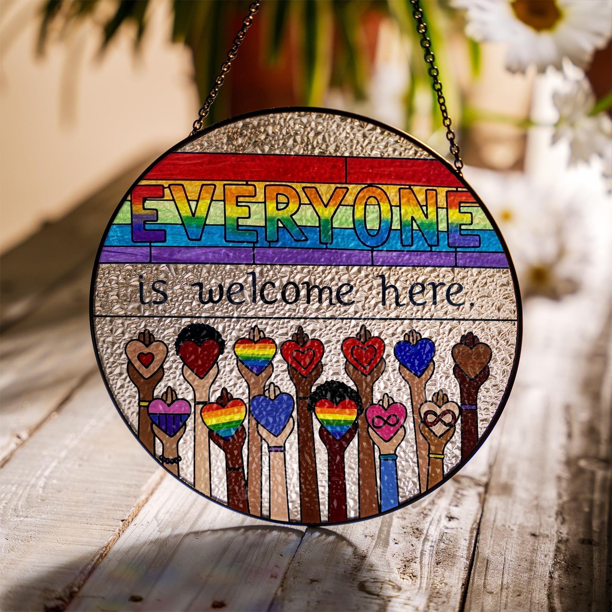 Everyone Is Welcome Here LGBT Suncatcher, Rainbow Pride Glass Decor, Inclusive Home Decor, LGBTQ Window Hanging, Equality Gift, Pride Month